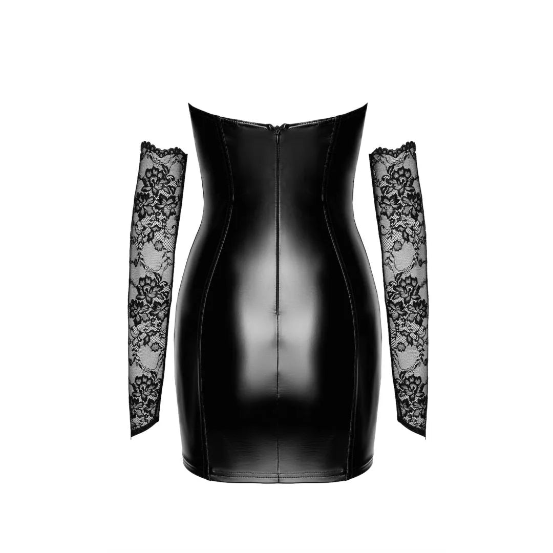 mini robe bustier dentelle élastique florale effet vinyle gainant moulante transparente gants sans doigts noir glamour