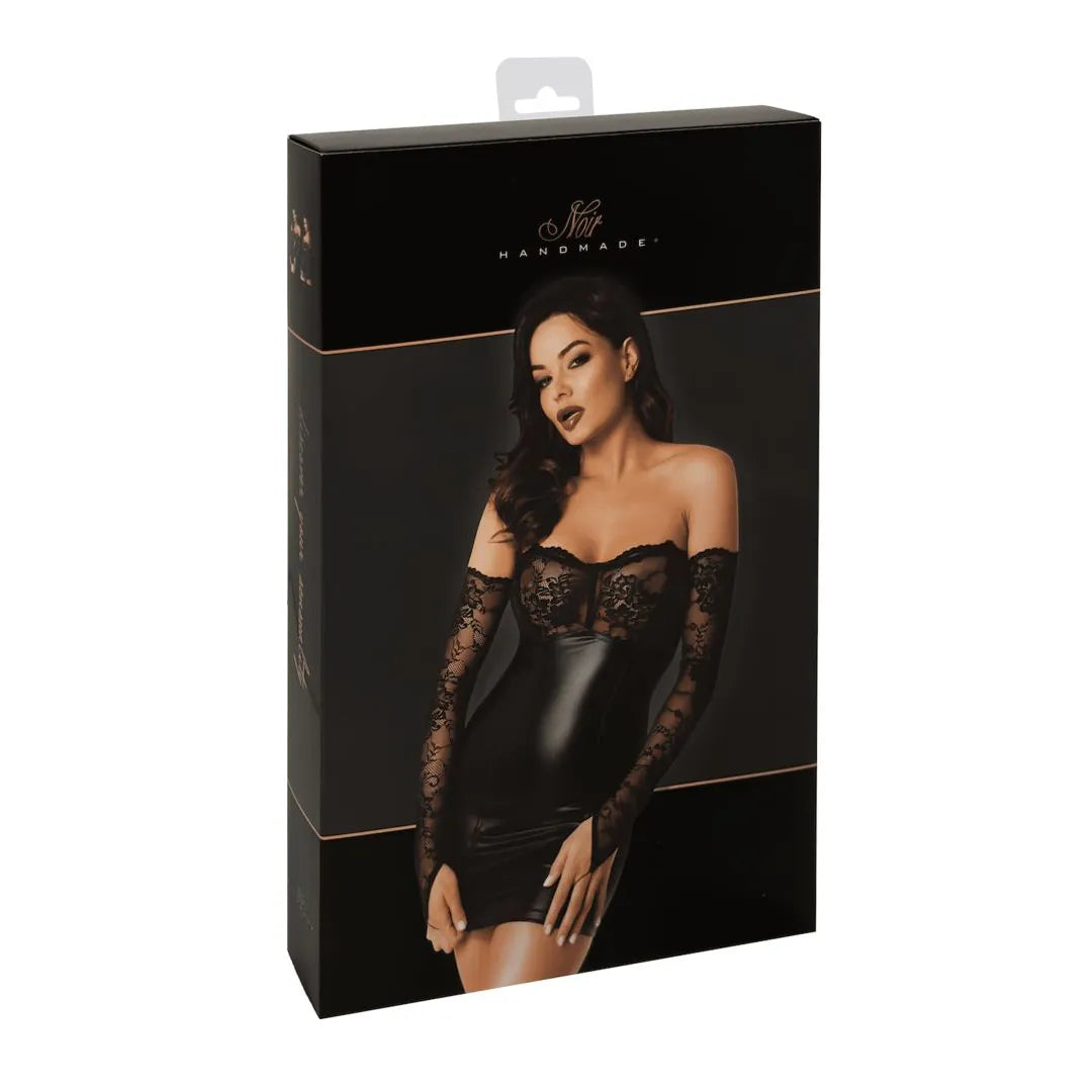 mini robe bustier dentelle élastique florale effet vinyle gainant moulante transparente gants sans doigts noir glamour