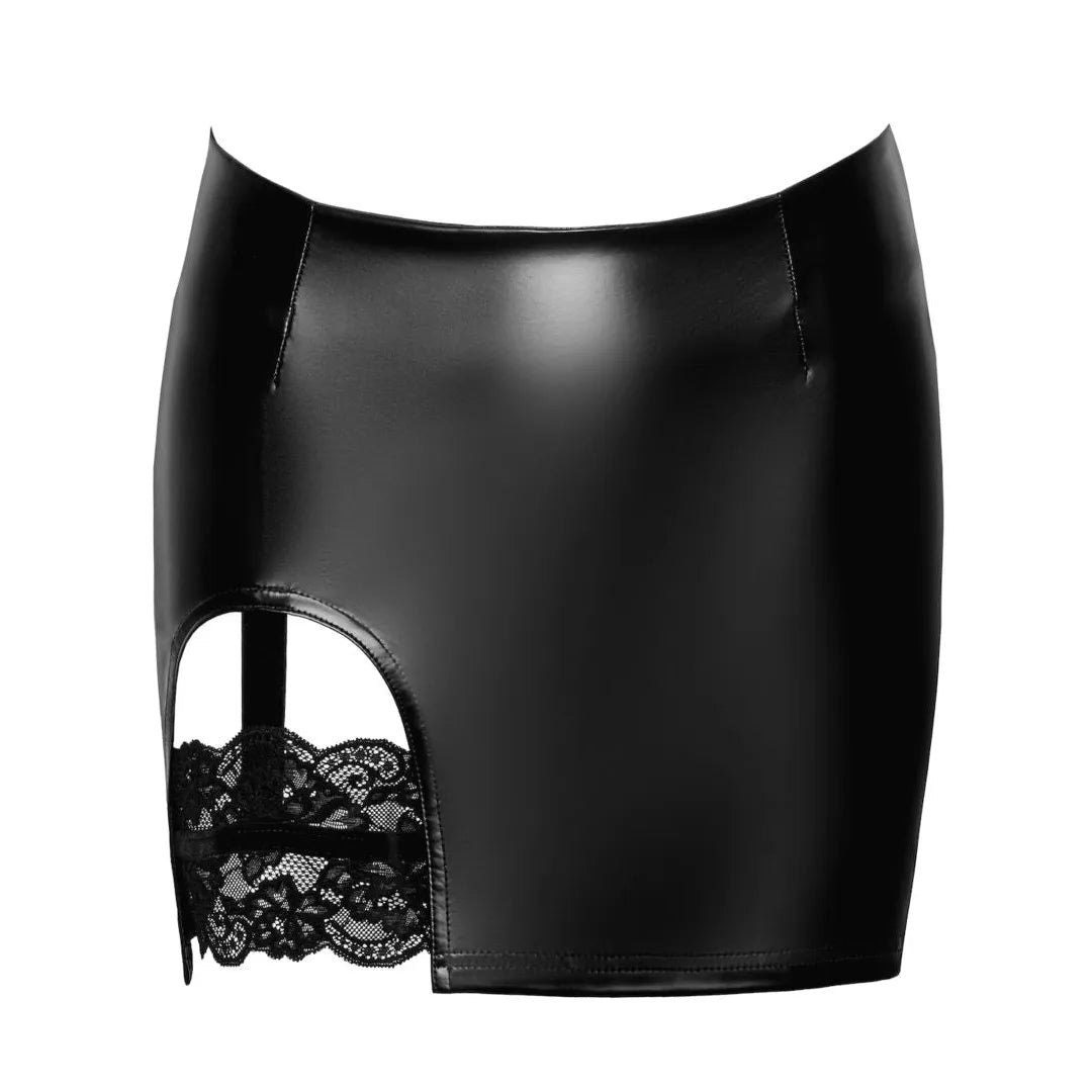 minijupe dentelle élastique effet mouillé asymétrique jarretière intégrée audacieuse sexy élégante extensible galbante ajustée brillante noire moderne chic
