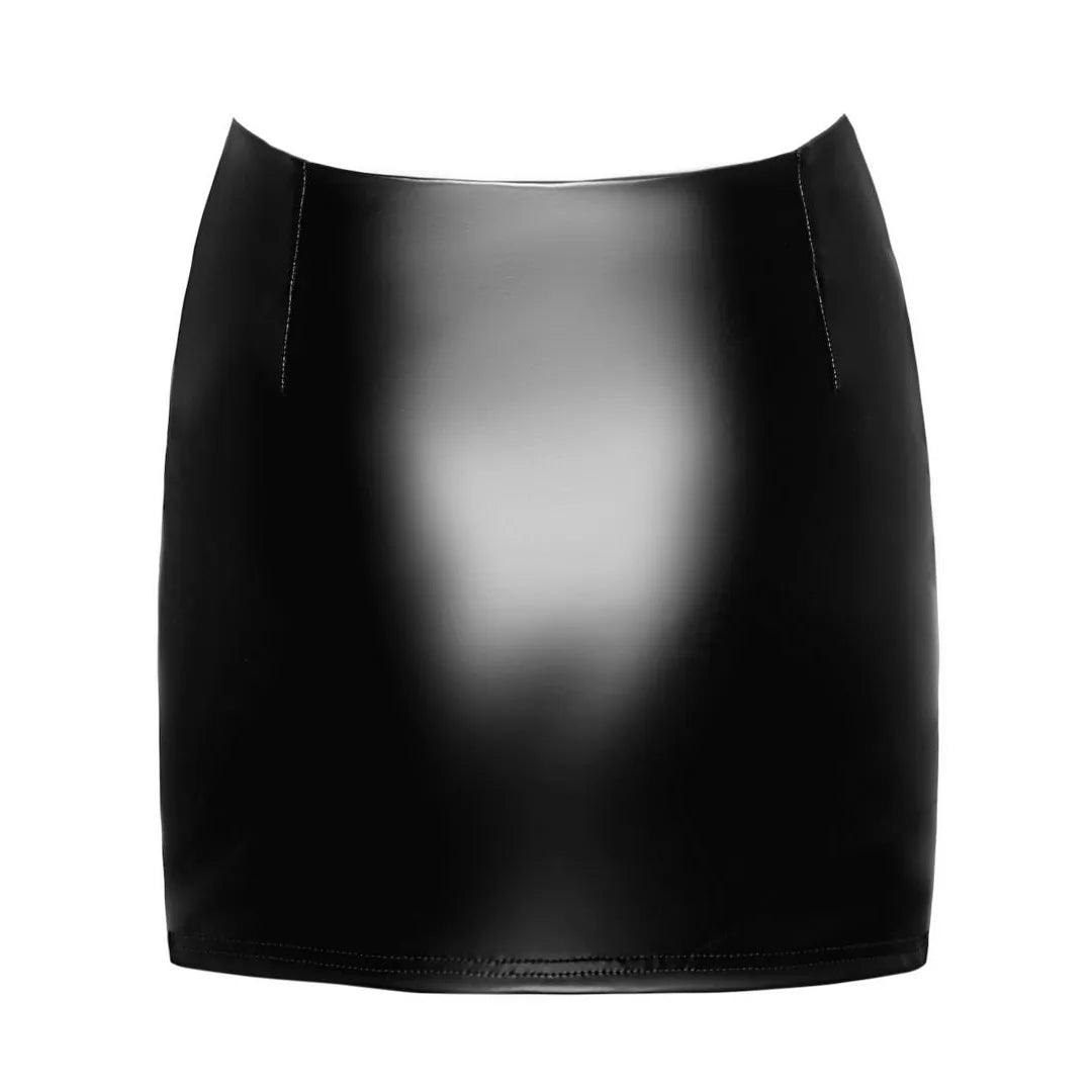 minijupe dentelle élastique effet mouillé asymétrique jarretière intégrée audacieuse sexy élégante extensible galbante ajustée brillante noire moderne chic