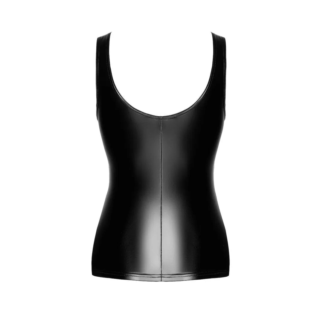 Débardeur noir effet mouillé, élastique, moulant, bretelles larges, décolleté classique, tissu polyester élasthanne.
