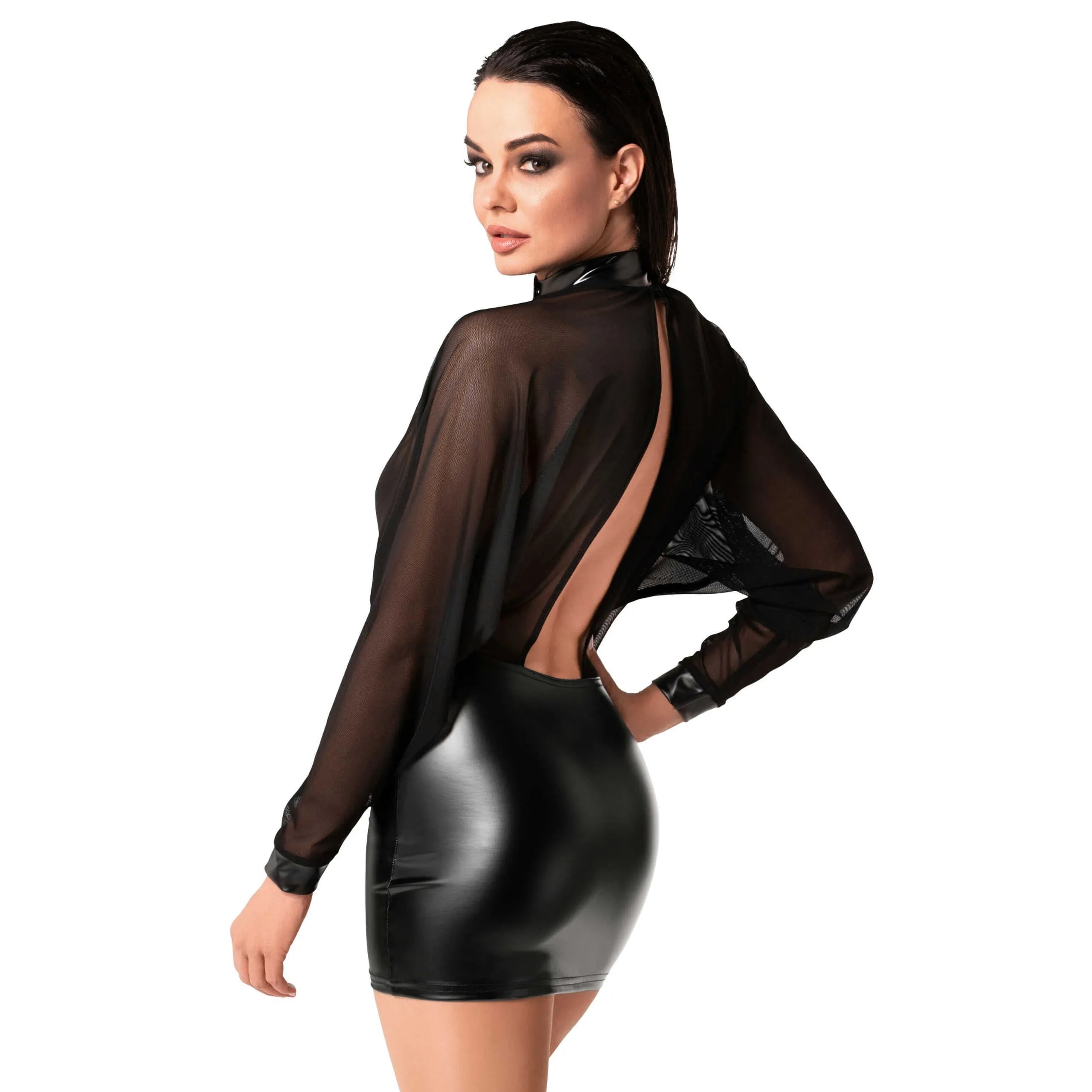 mini robe dos nu audacieuse maille transparente haut volumineux jupe ajustée effet brillant faux cuir élastique col montant manches longues