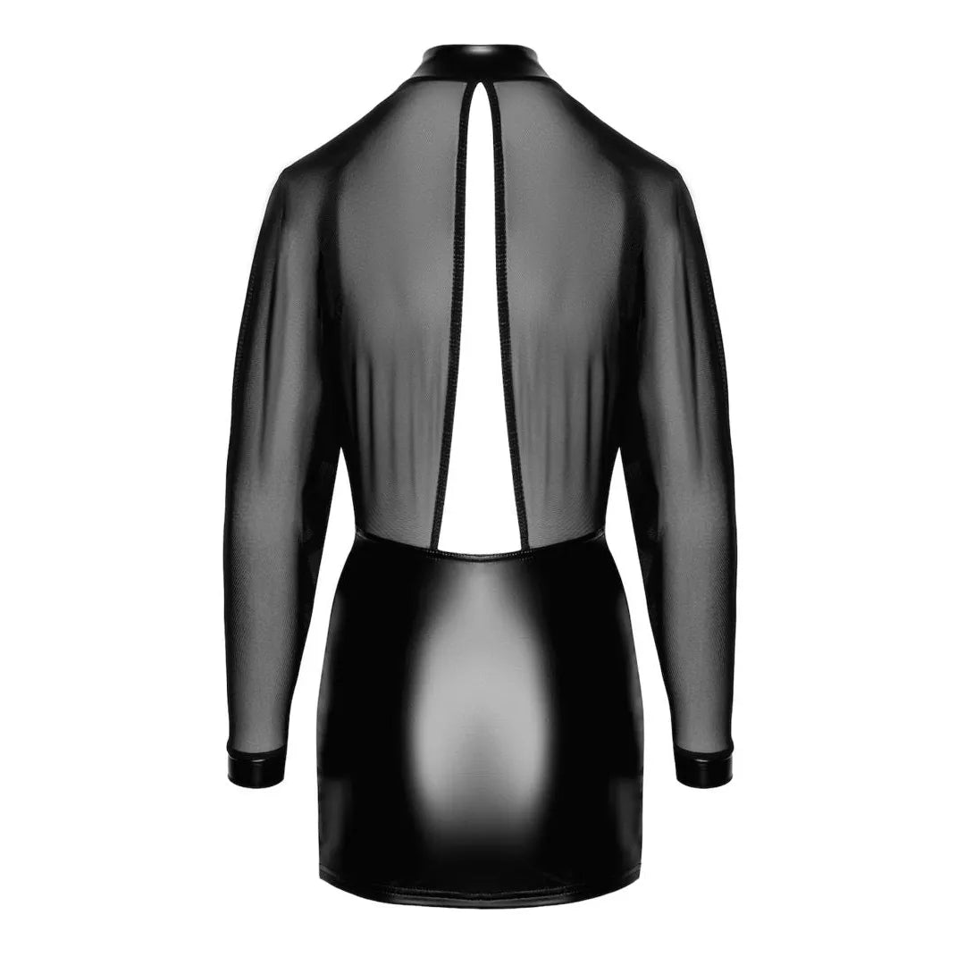 mini robe dos nu audacieuse maille transparente haut volumineux jupe ajustée effet brillant faux cuir élastique col montant manches longues