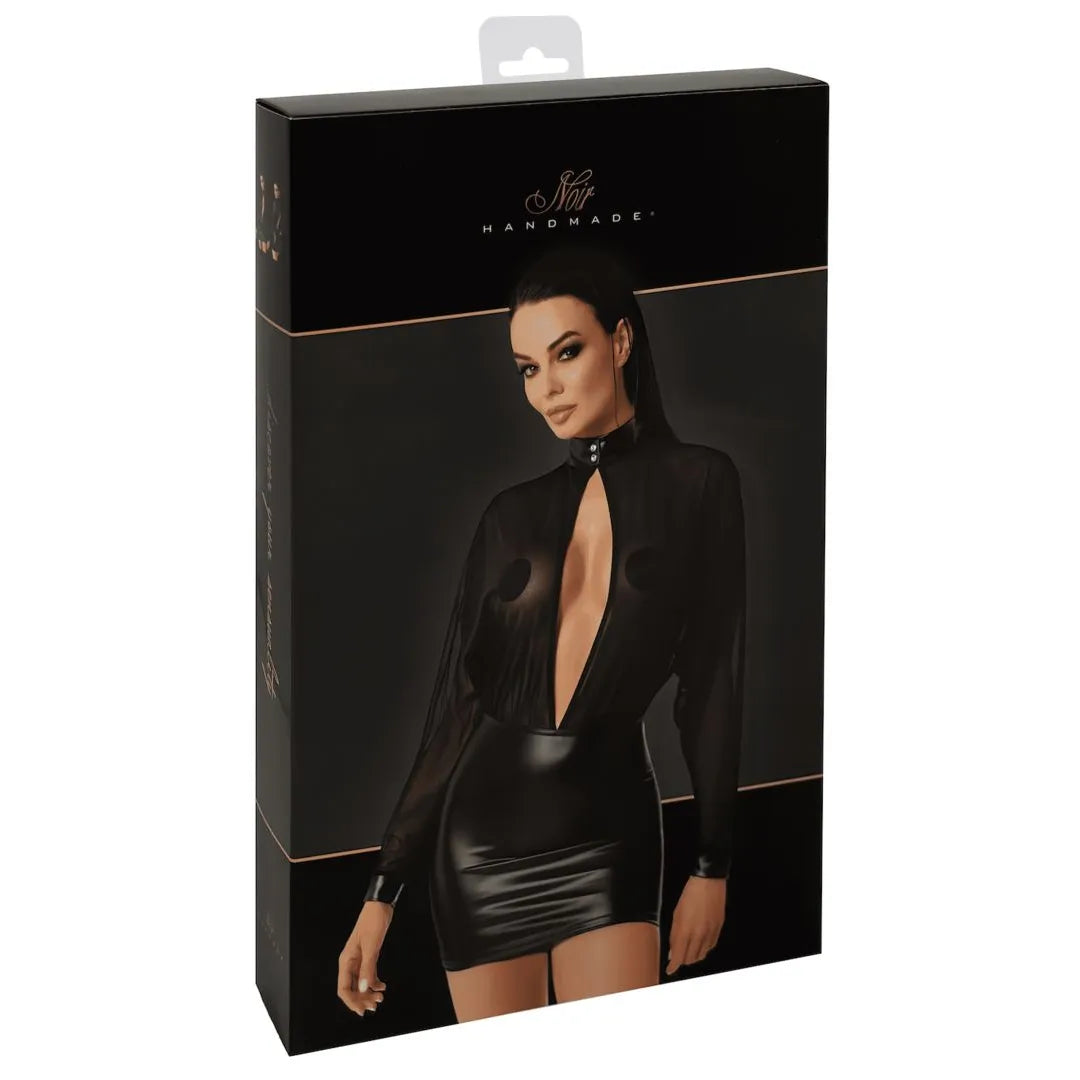 mini robe dos nu audacieuse maille transparente haut volumineux jupe ajustée effet brillant faux cuir élastique col montant manches longues