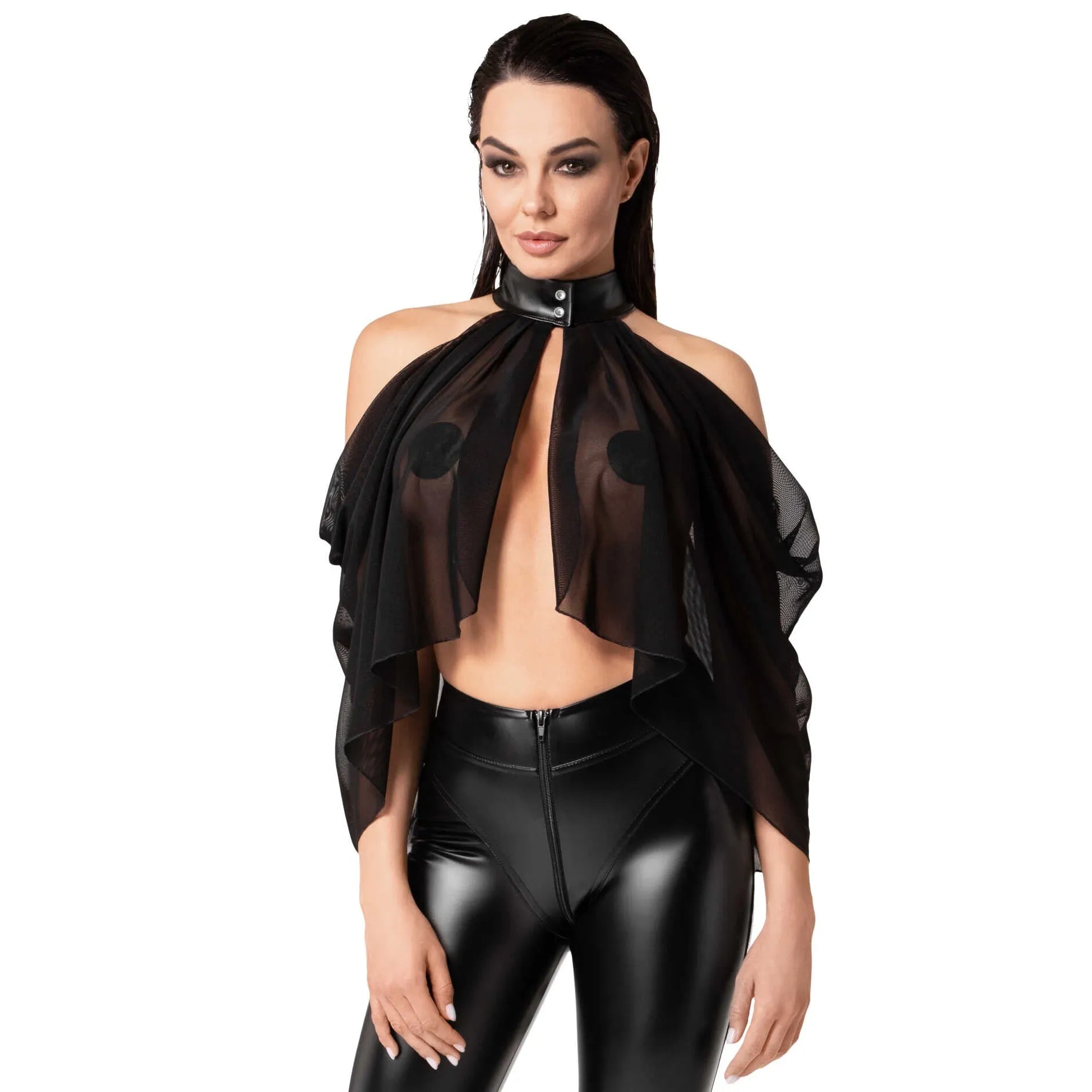 Bolero Opium haut transparent maille élastique élégant polyvalent soirée mode mystère sophistication audacieuse drapé col montant fermeture boutons pression noir