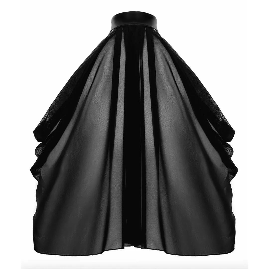 Bolero Opium noir transparent, maille élastique, col montant, boutons pression, drapé élégant, mode soirée sophistiquée.