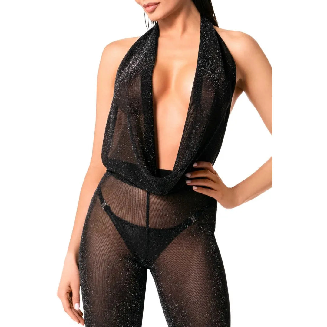 Combinaison noire dos nu pailletée, décolleté plongeant, jambes larges, maille transparente, soirée glamour.