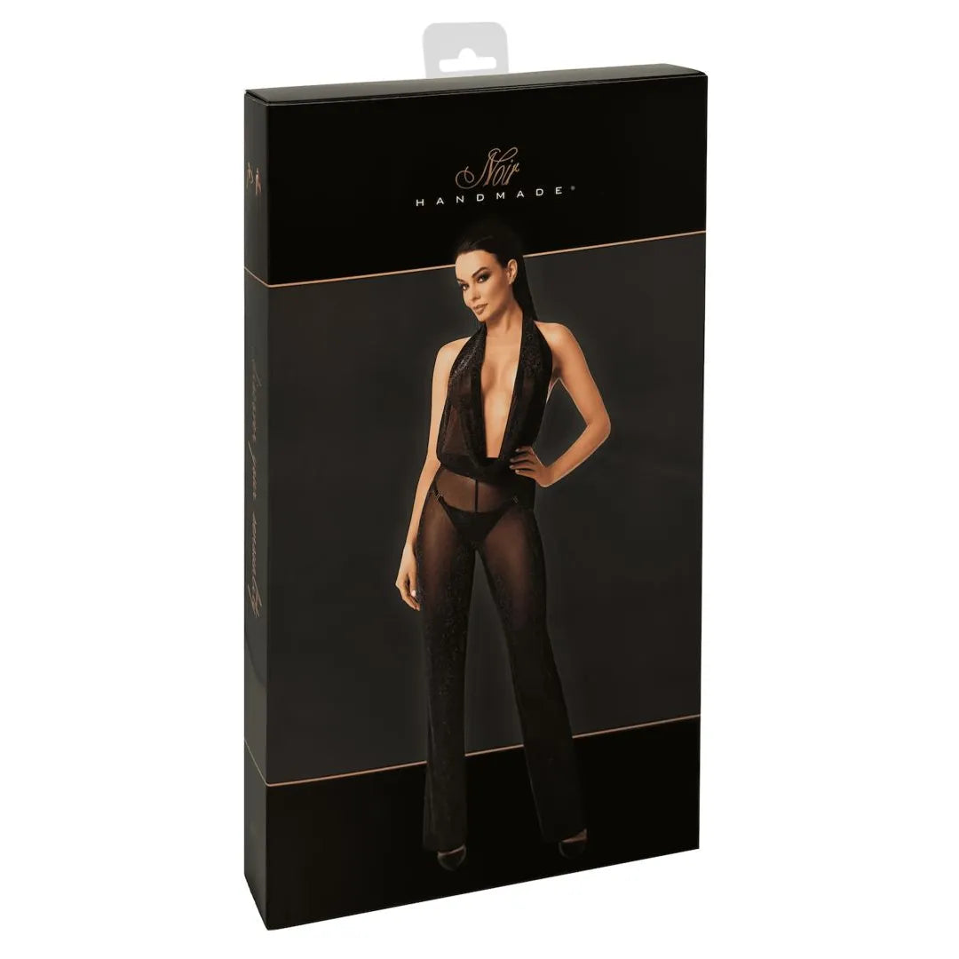 Combinaison Luminara noire dos nu pailletée, décolleté plongeant, jambes larges, soirée glamour, maille transparente.