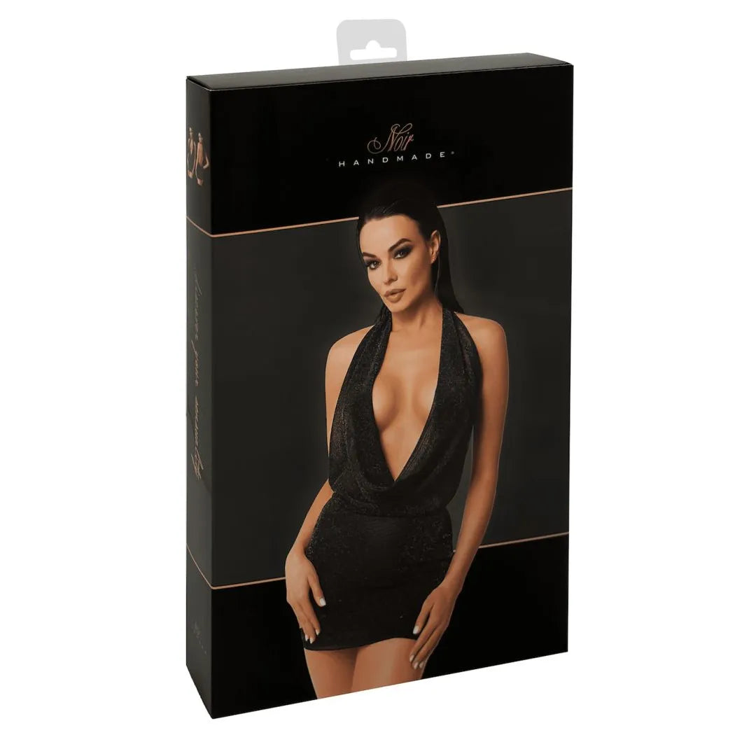 mini robe dos nu transparente élastique tissu miroitant noir ajustée moulante décolleté plongeant fine bretelle scintillante glamour respirante