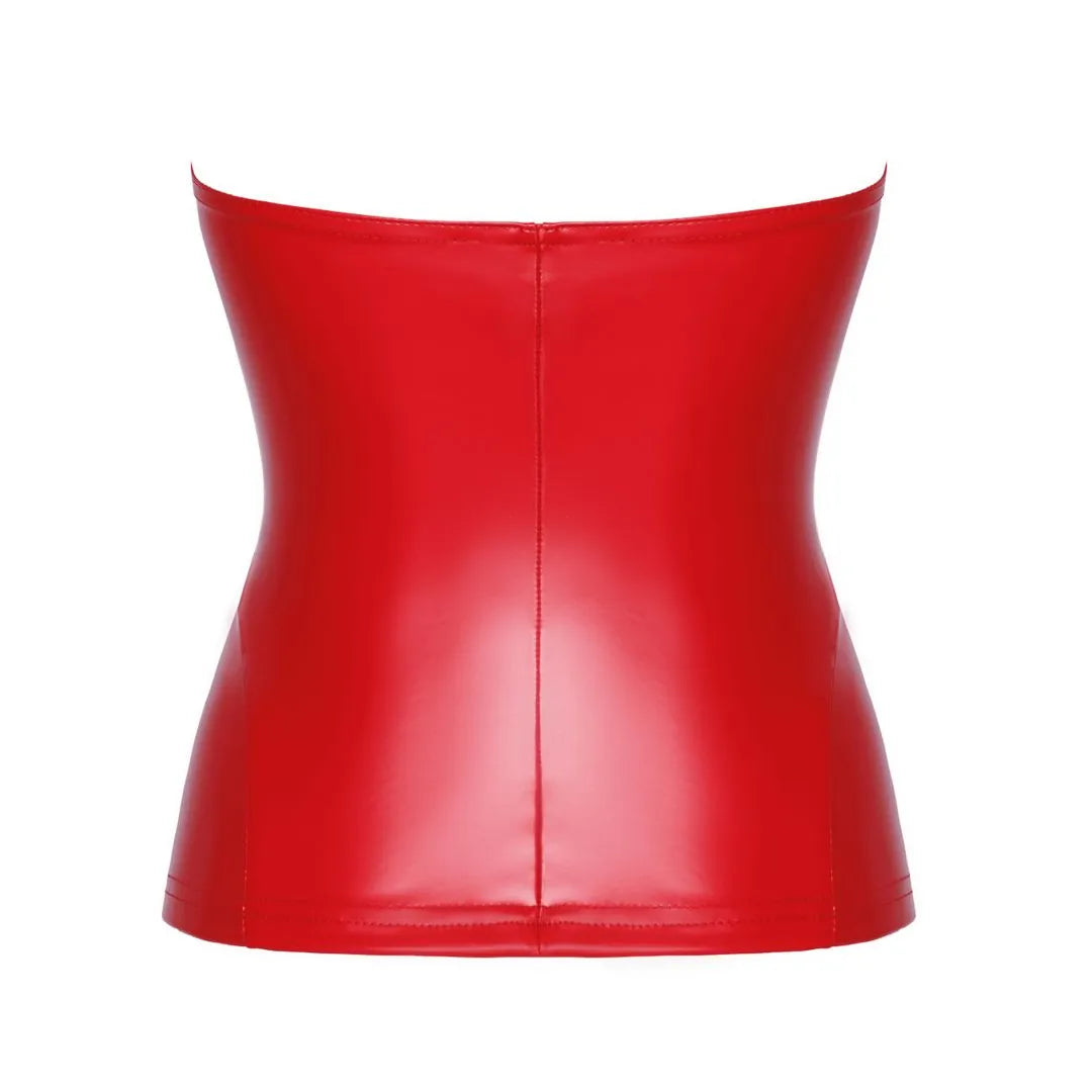 Corset rouge brillant sans bretelles, fermeture éclair avant, effet mouillé, coupe sablier, style glamour et moderne.