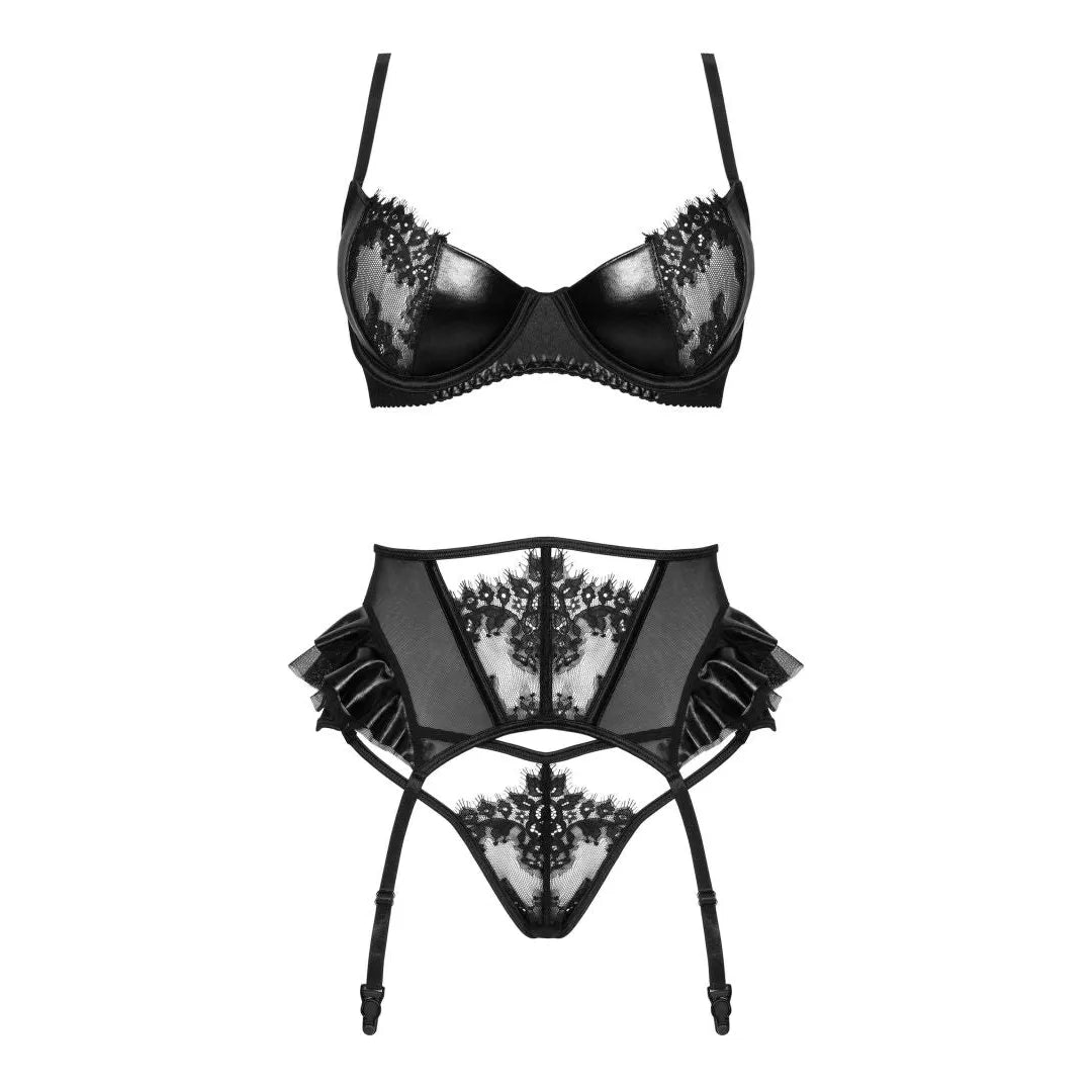 Ensemble lingerie dentelle noire wetlook avec jarretières, volants et ceinture haute, bretelles réglables, style sensuel.