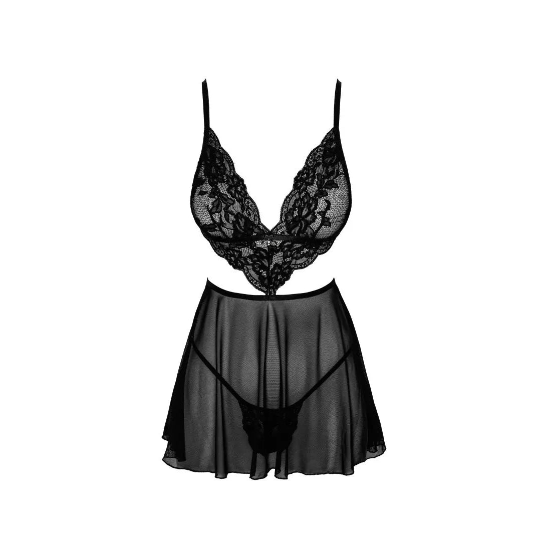 Babydoll French Kiss en tulle et dentelle noire avec culotte, élégante lingerie féminine, silhouette sublimée.