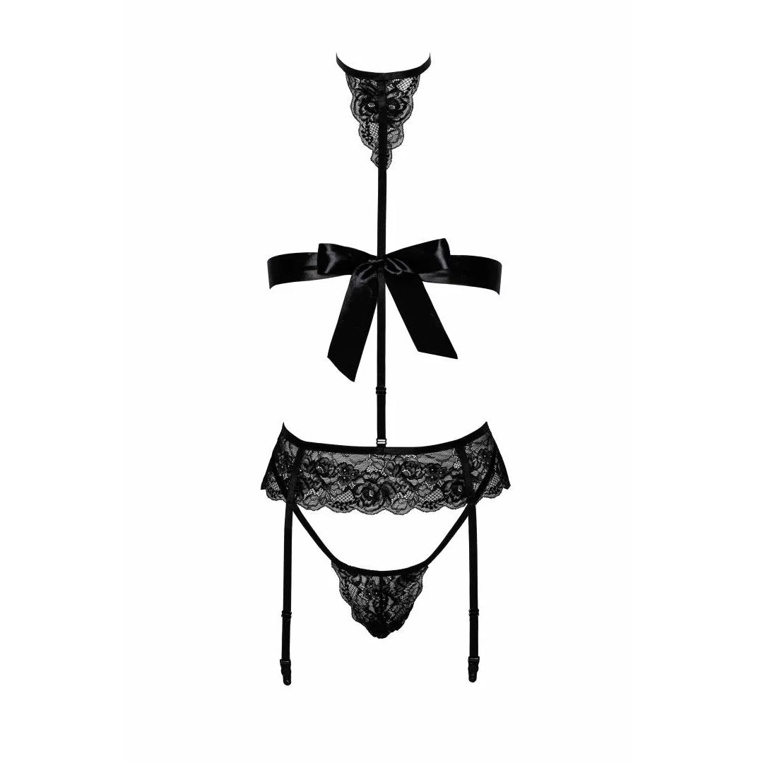 Ensemble lingerie bondage noir en dentelle avec porte-jarretelles, collier ruban, culotte, design élégant et ajustable.