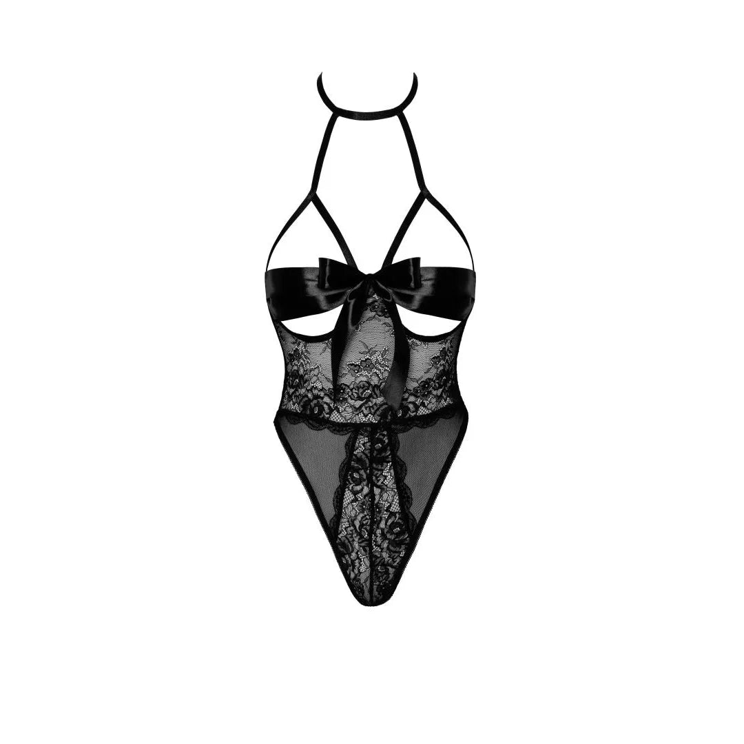 Body dentelle noire avec ruban satin, élégant et moulant, idéal pour soirée romantique, raffiné et séduisant.