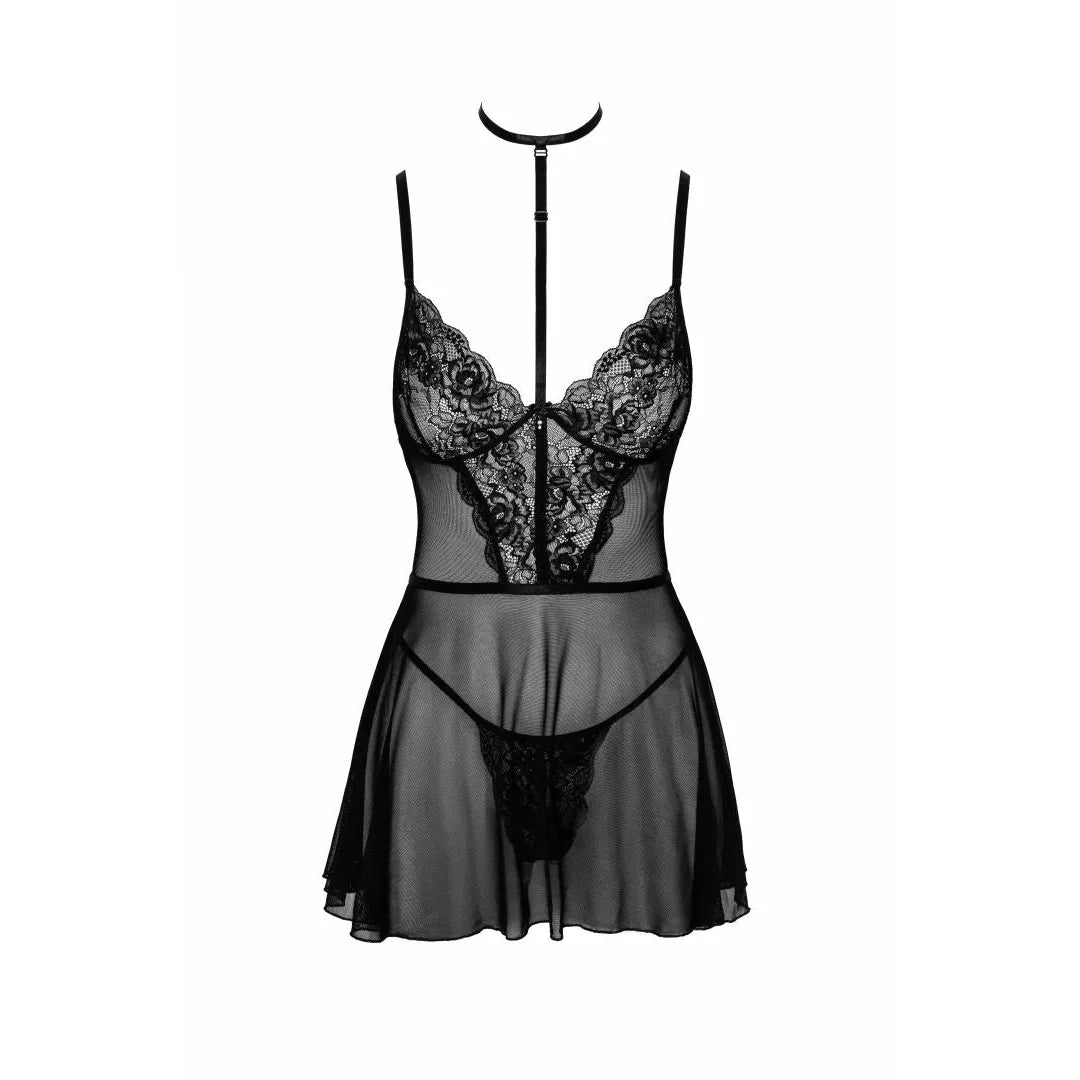 Babydoll noire en dentelle avec collier et culotte assortie, design élégant et séduisant, lingerie femme raffinée.