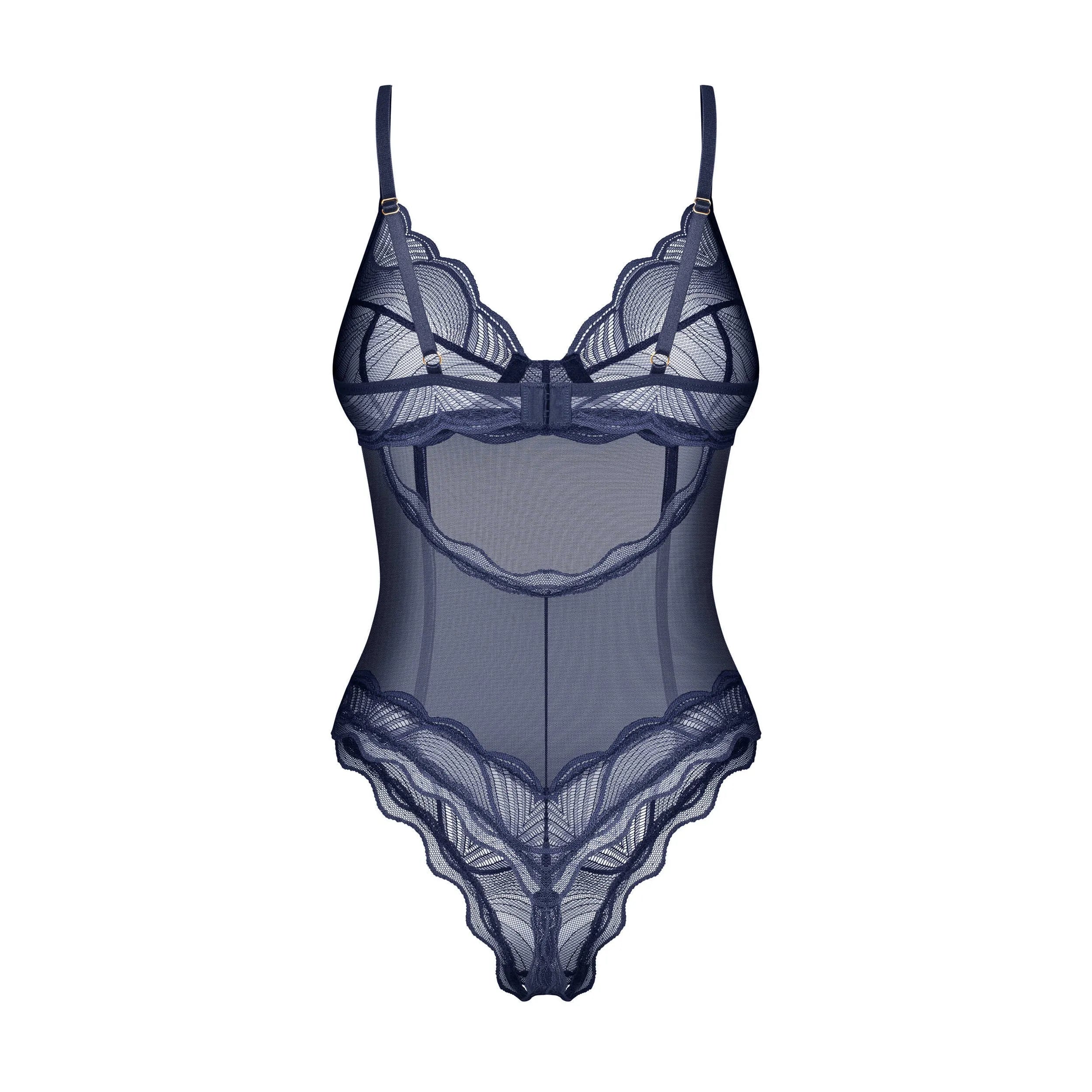 Body bleu marine en dentelle transparente, armatures, bretelles réglables, design élégant, fabriqué en Europe.