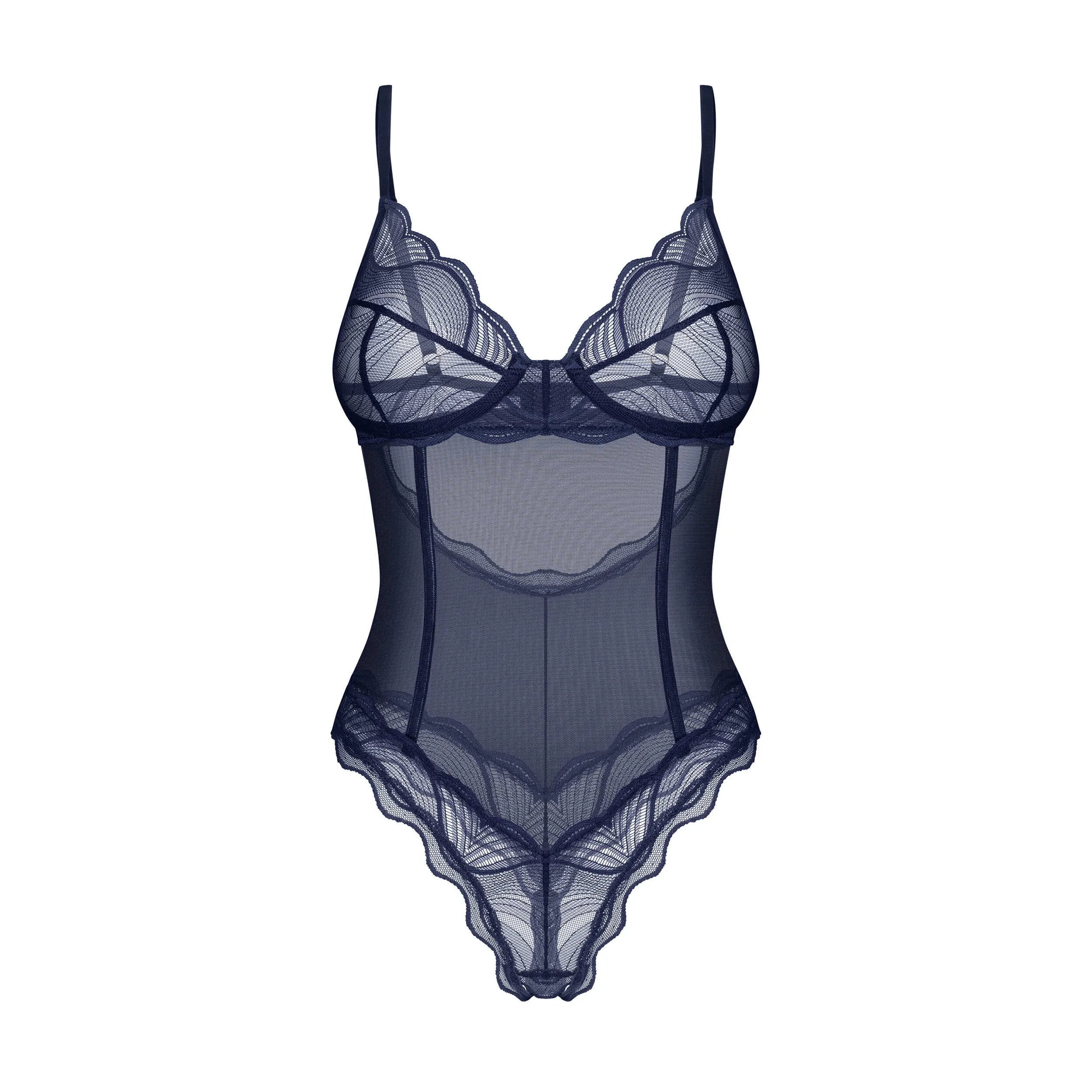Body bleu marine en maille transparente avec dentelle, armatures, bretelles réglables, fermeture dos, élégant et sophistiqué.