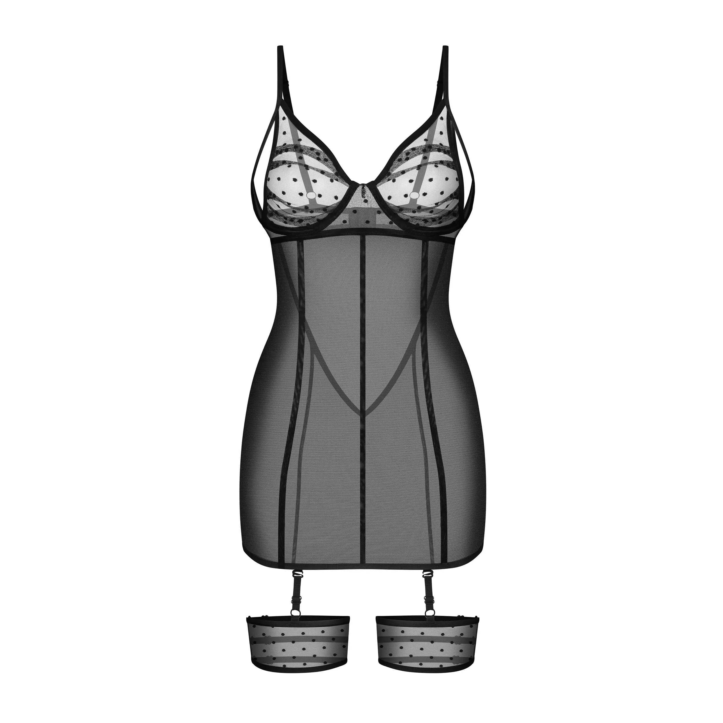 Chemise nuisette noire luxe, ajustée, jarretières, pendentif ovale, bretelles réglables, bonnets armatures, tissu transpar...