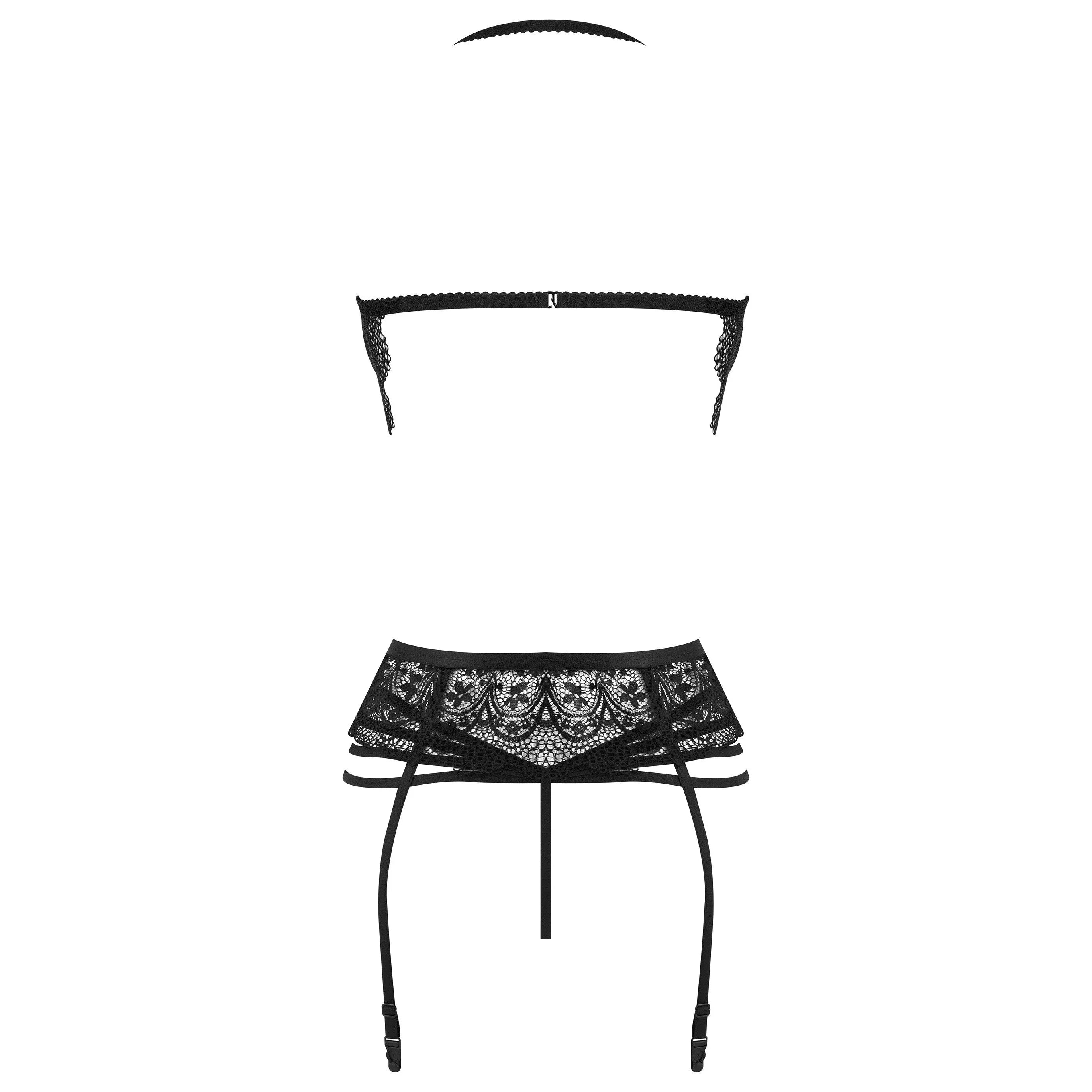 Ensemble lingerie dentelle noire sophistiquée avec bretelles, découpes élégantes et string, sublimant la silhouette féminine.