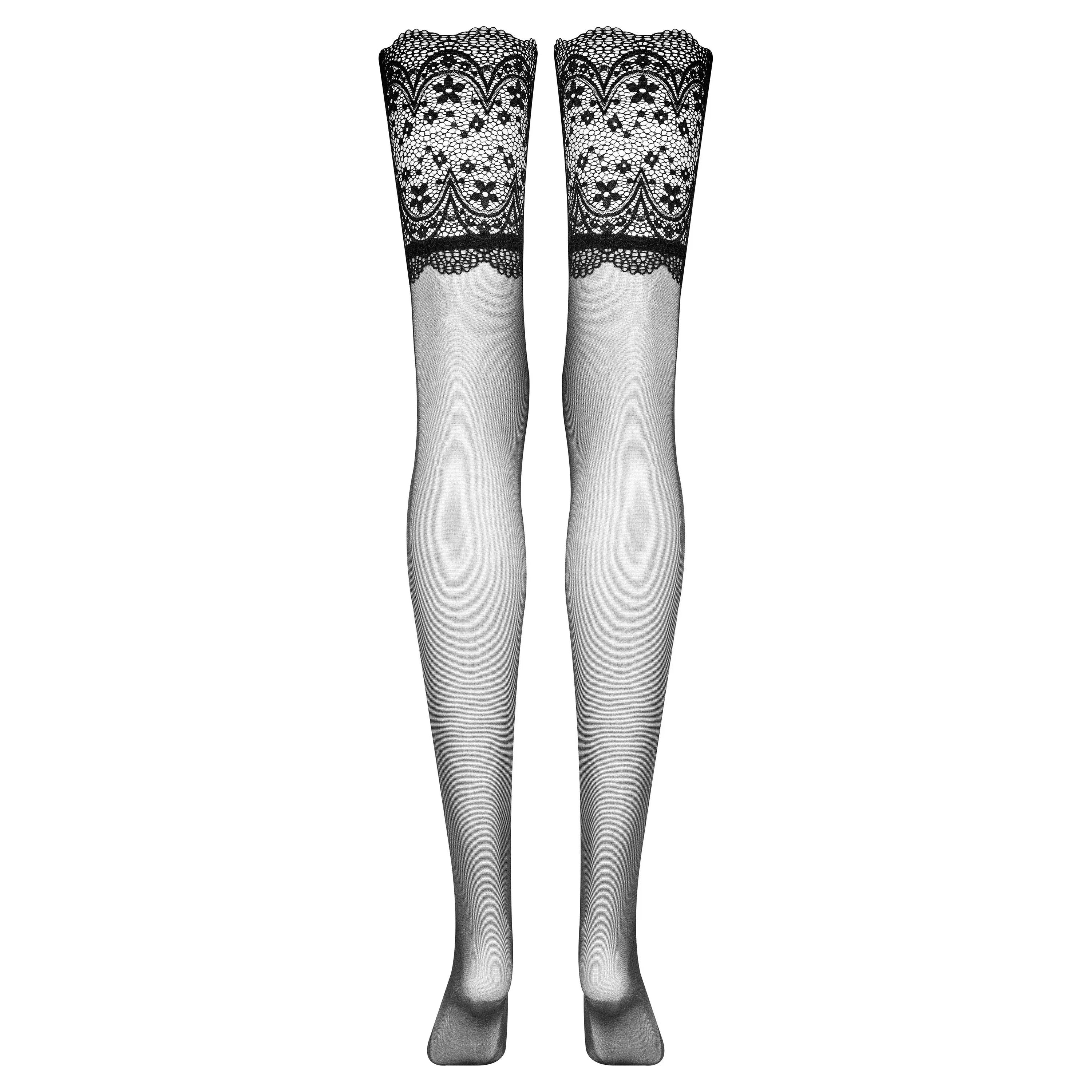 Bas dentelle noire semi-transparente, porte-jarretelles, élégants, extensibles, féminins, luxe, cadeau, silhouette.