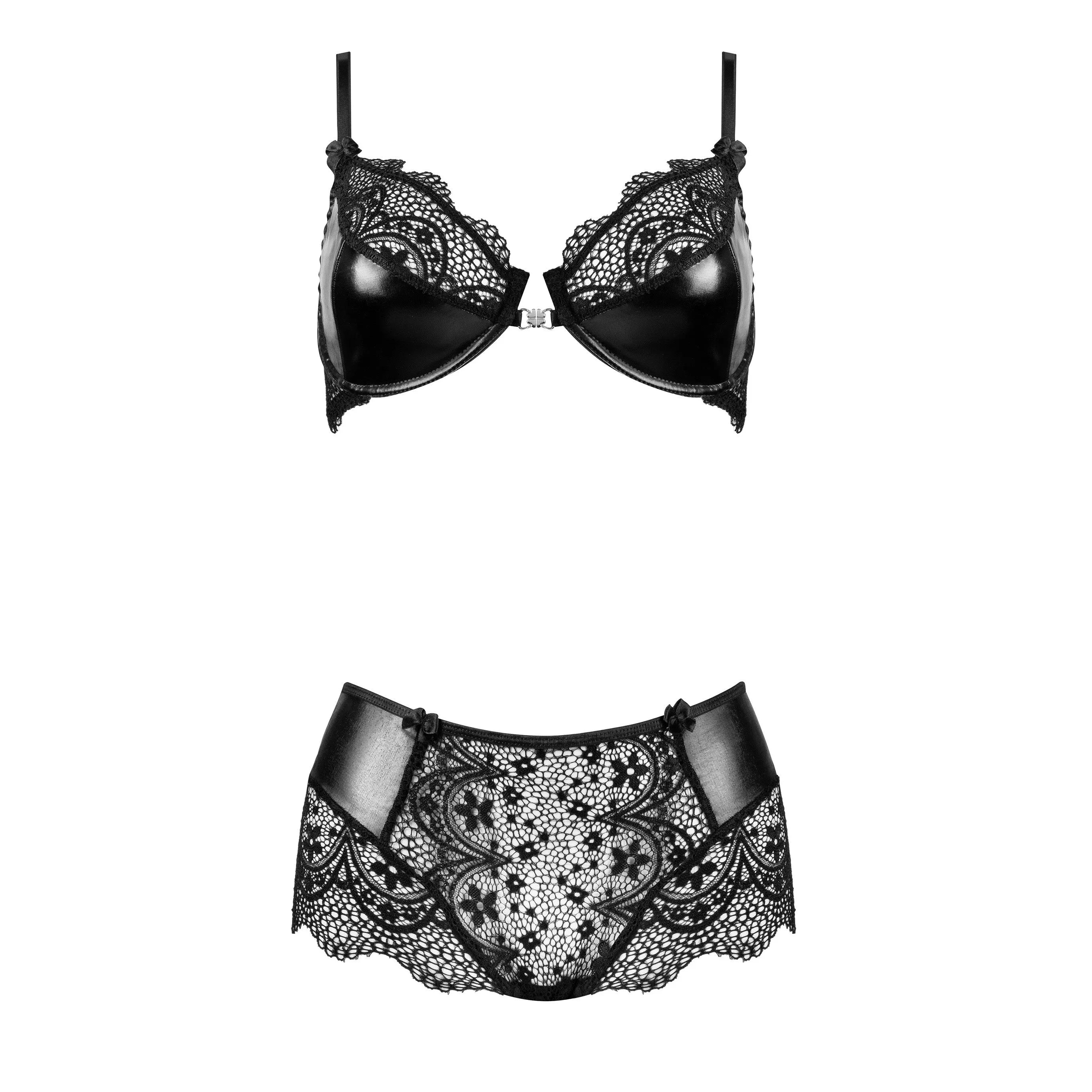 Ensemble lingerie noir dentelle luxueuse, soutien-gorge bonnets souples, bretelles réglables, culotte assortie.