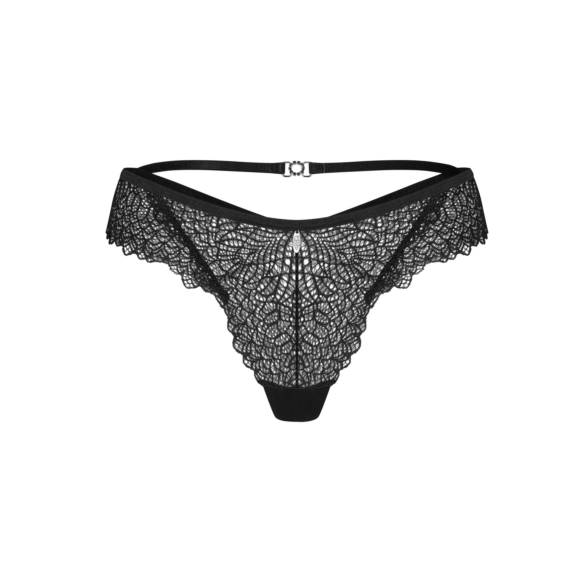 Culotte brésilienne en dentelle noire, ajustement parfait, élégante, confortable, fermeture décorative, tailles variées.
