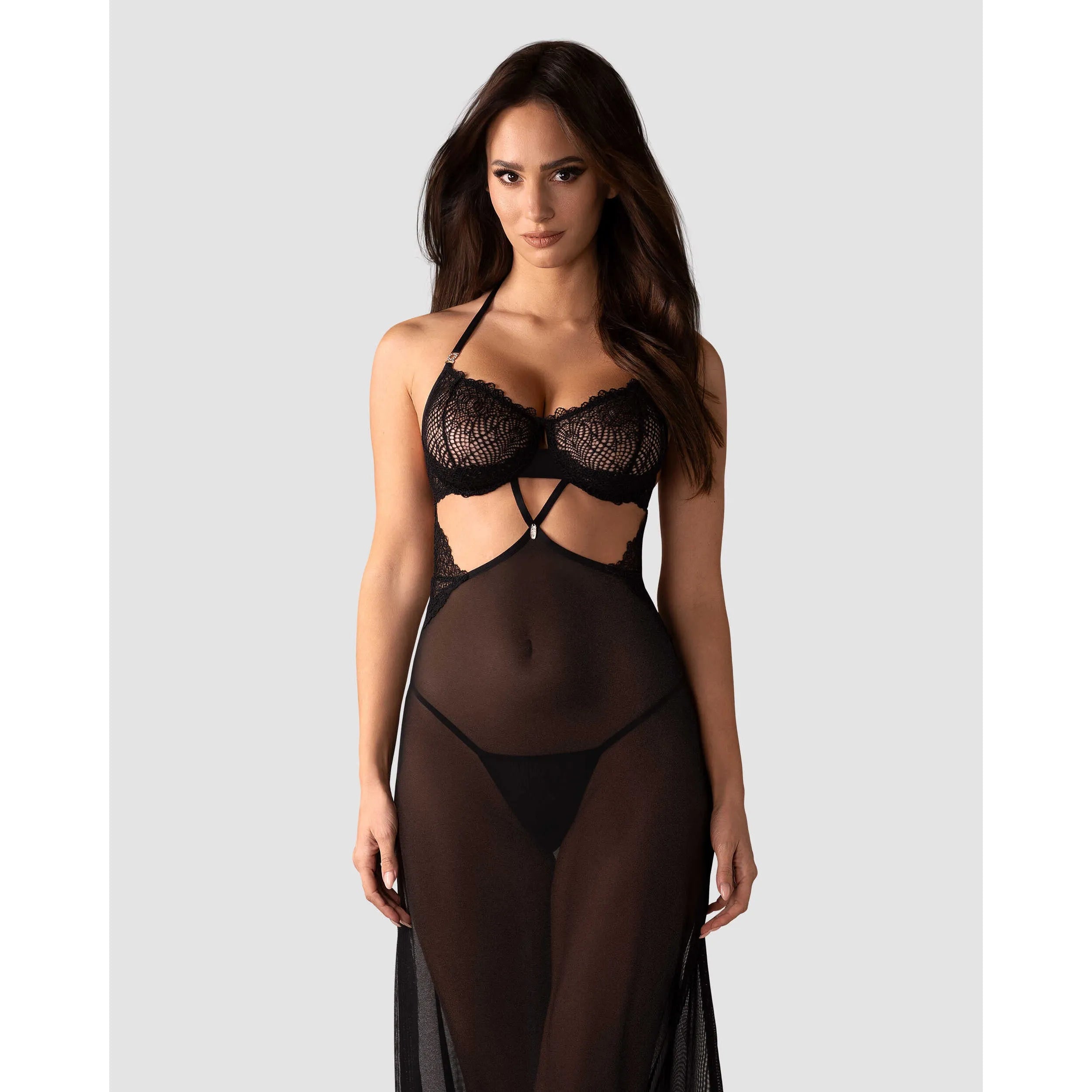 Nuisette Tulle Noir Dentelle Florale Réglable String Sexy Ajustement Personnalisé Bonnets Armatures Maintien Bretelles Transparent Léger Élégante