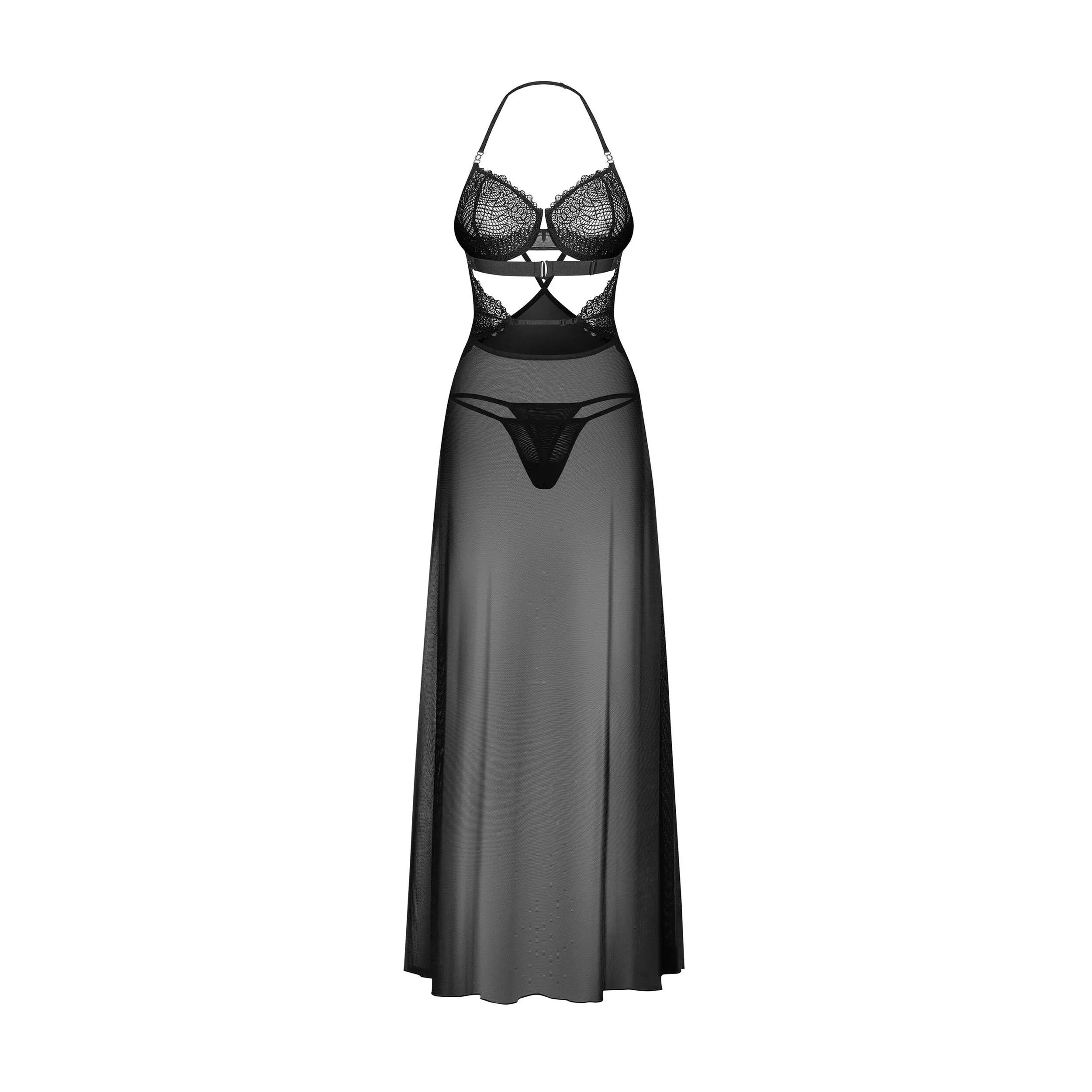 Nuisette Tulle Noir Dentelle Florale Réglable String Sexy Ajustement Personnalisé Bonnets Armatures Maintien Bretelles Transparent Léger Élégante