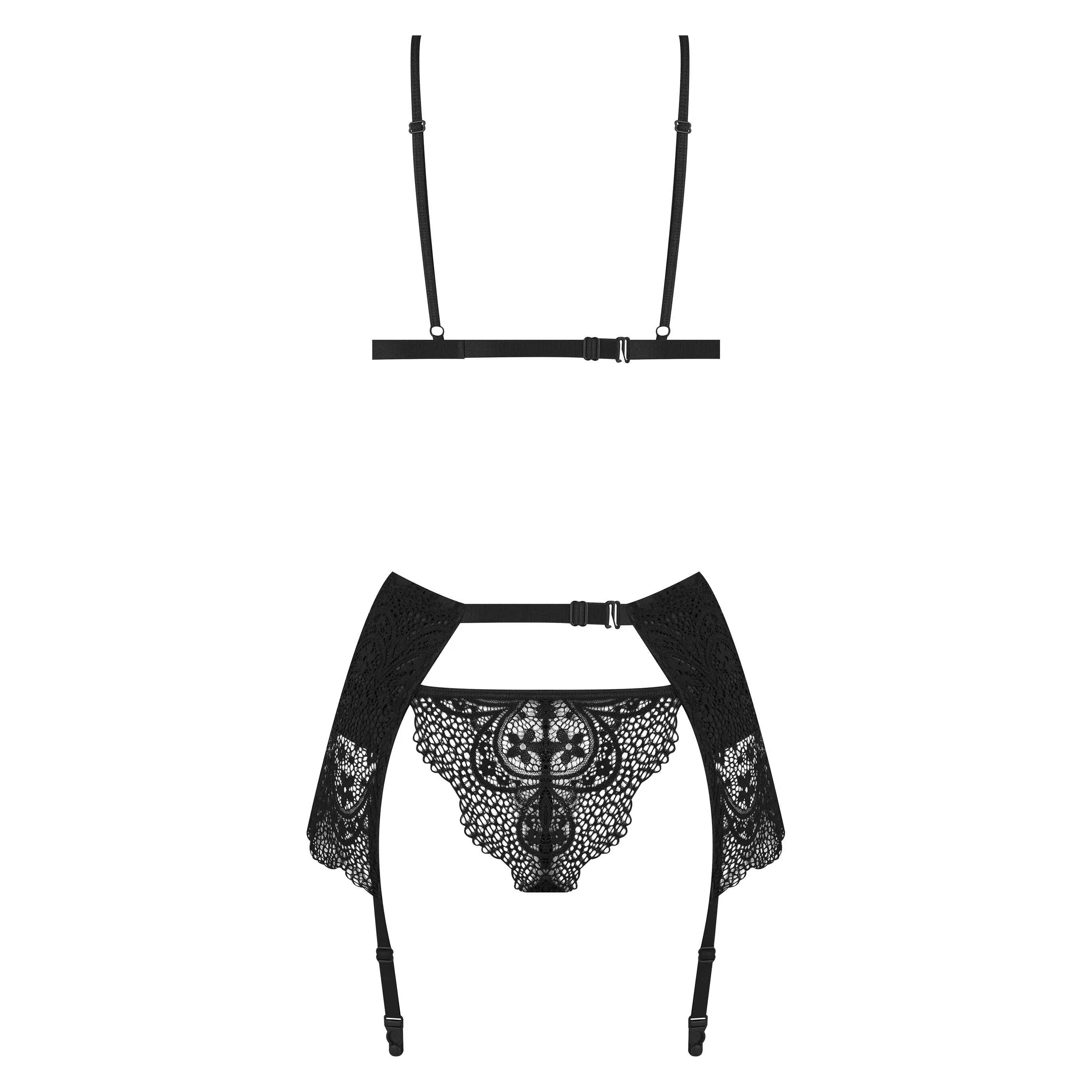 Ensemble lingerie noir wetlook dentelle, bretelles réglables, jarretière et string, élégant et sensuel pour femmes.