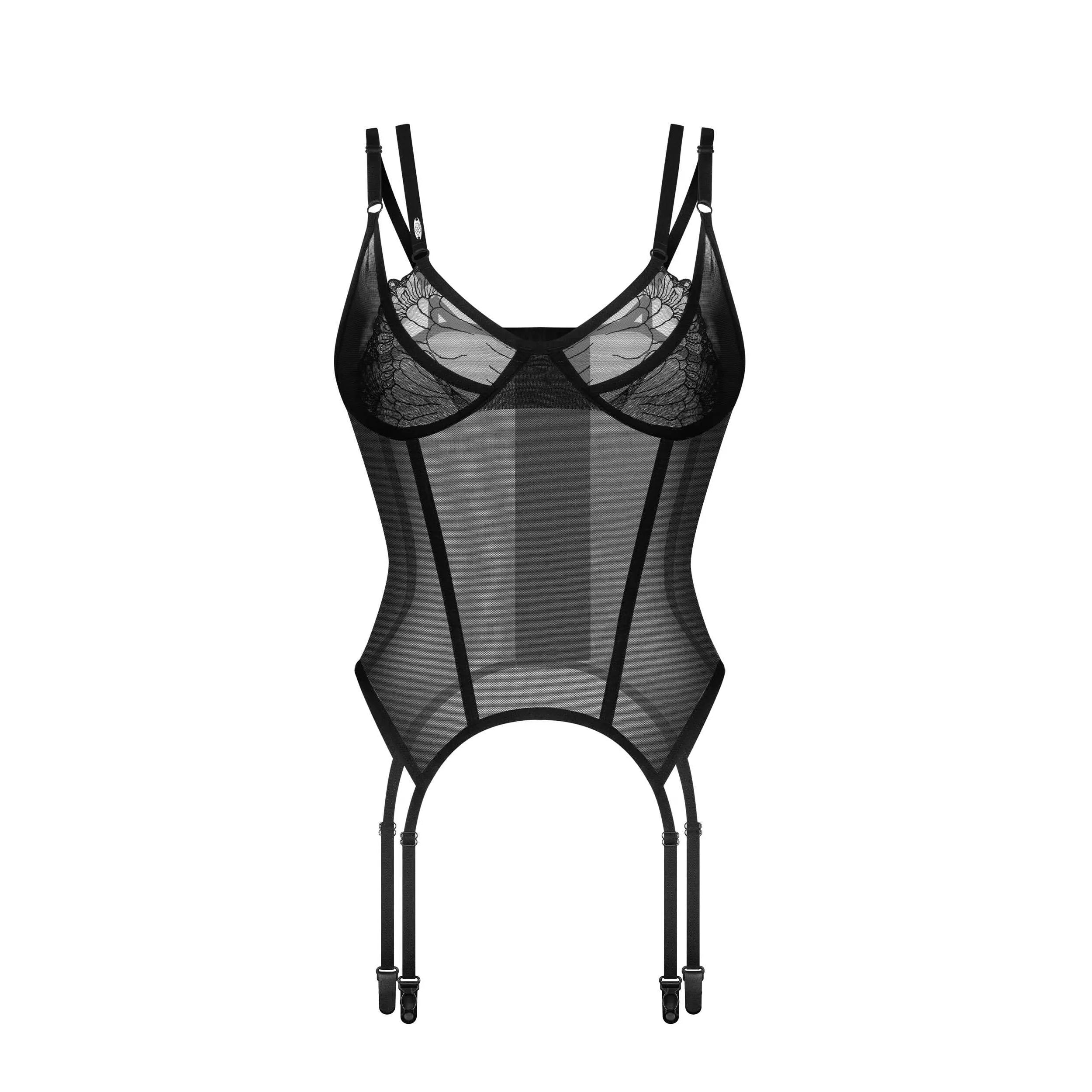 Corset noir transparent dentelle délicate, armature ajustable, bretelles réglables, design élégant pour silhouette affinée.