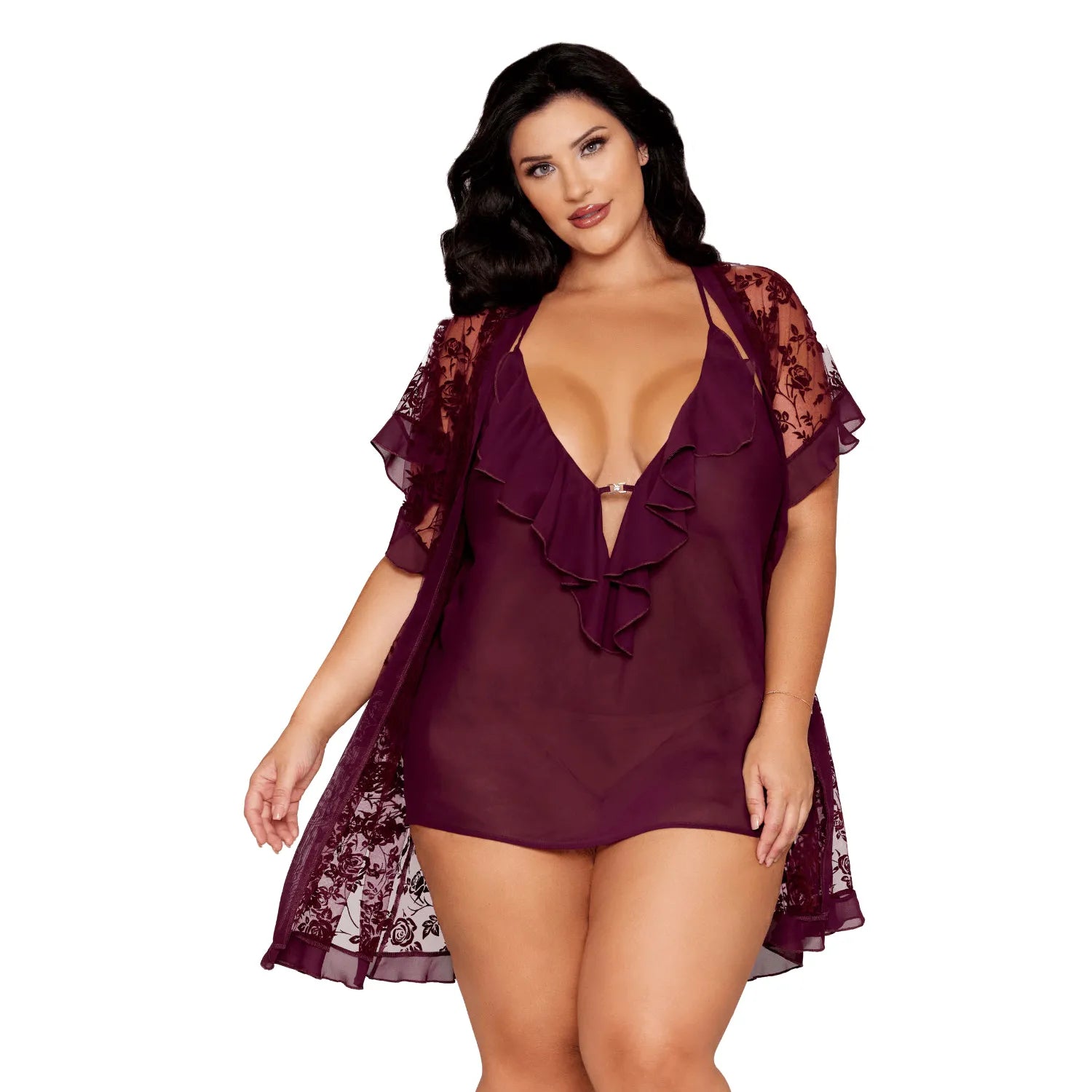 nuisette peignoir grande taille aubergine nylon douce respirante dentelle florale volants décolleté bretelles ajustables silhouette sophistiquée