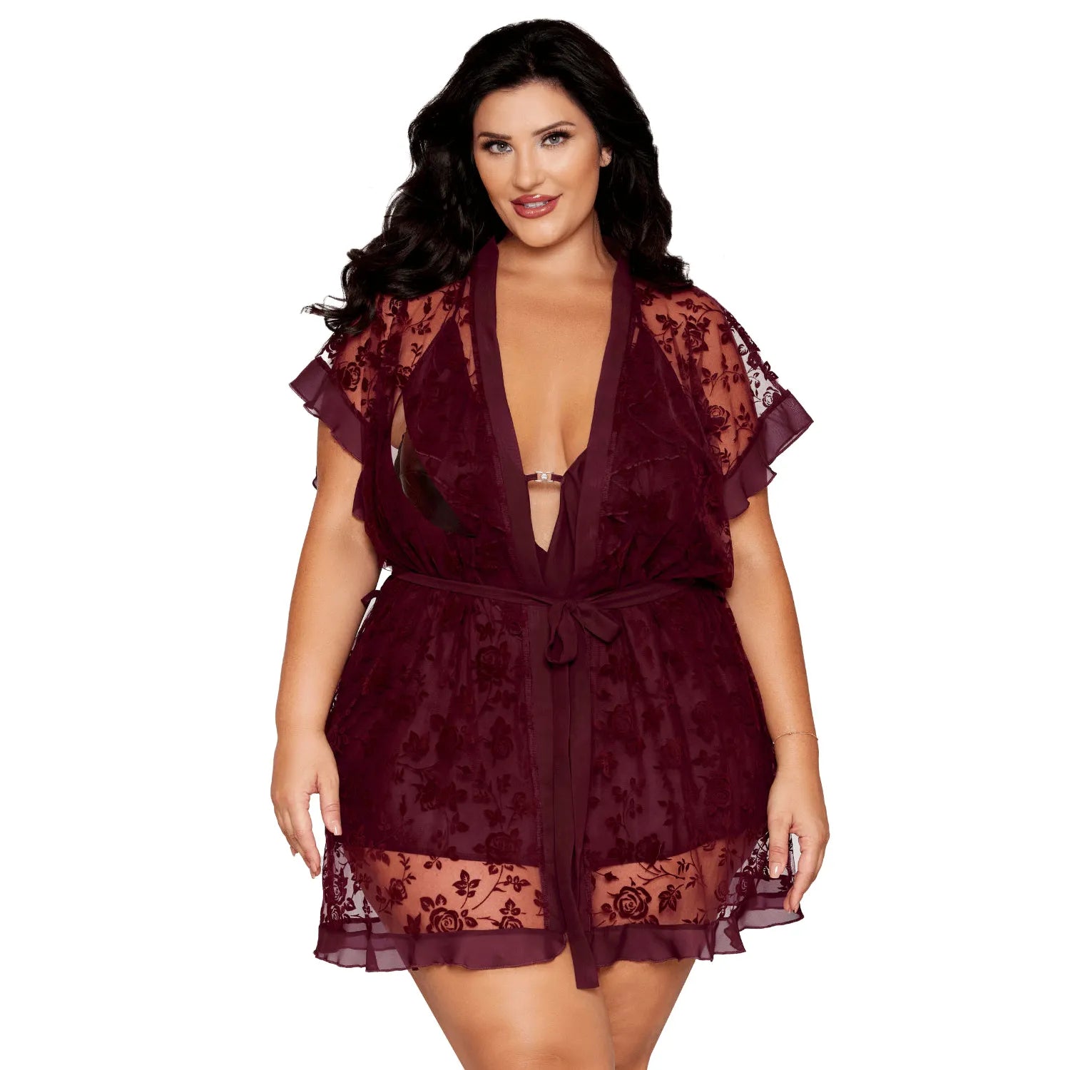 nuisette peignoir grande taille aubergine nylon douce respirante dentelle florale volants décolleté bretelles ajustables silhouette sophistiquée