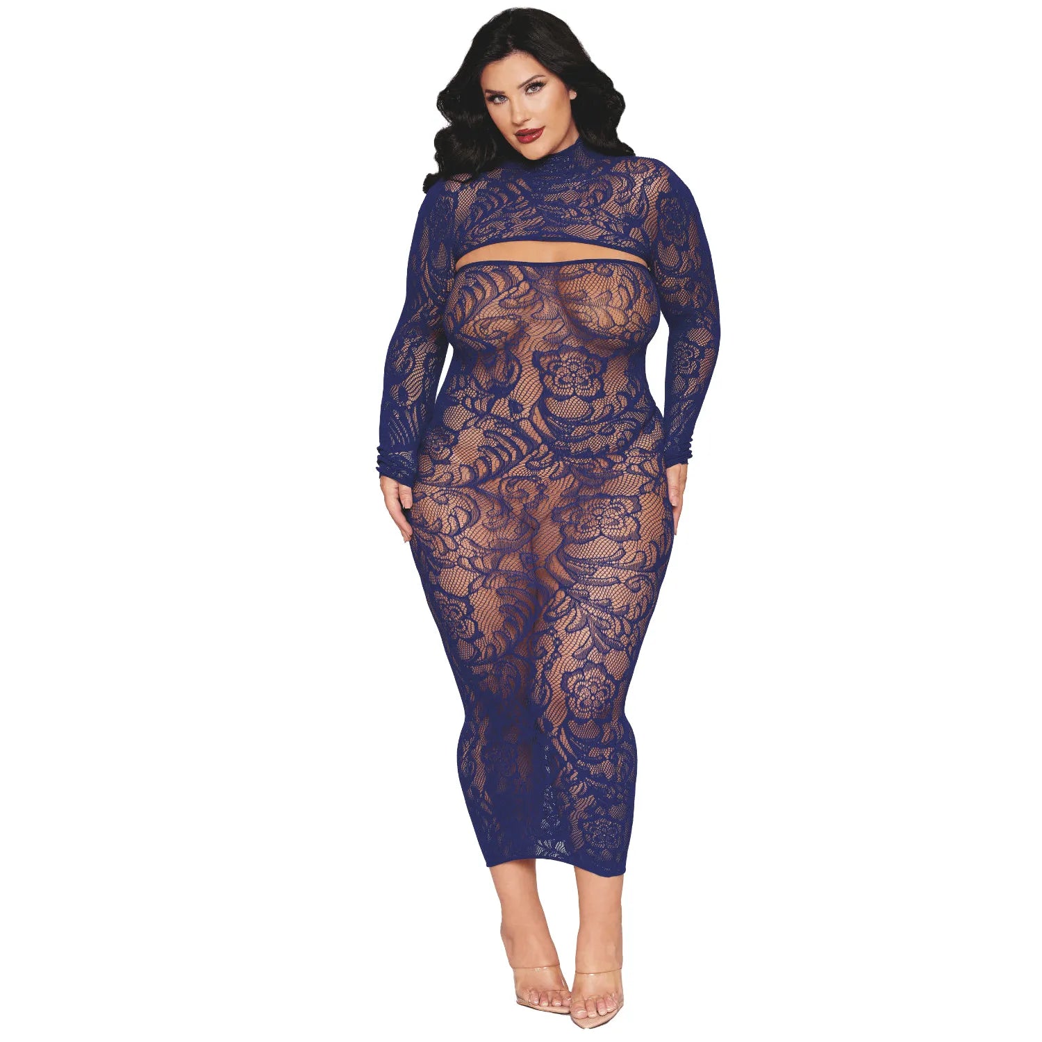 ensemble deux pièces grande taille robe bleu marine top manches longues nylon spandex élégant confortable extensible flatteur polyvalent