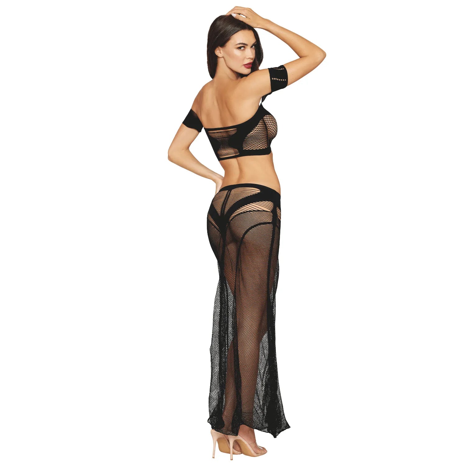 Ensemble deux pièces résille noir, top court et jupe longue moulante, nylon spandex, élégant et transparent.
