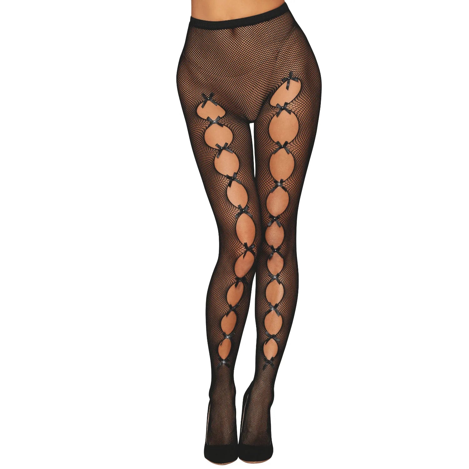 collant fantaisie résille noir nœuds satinés strass liseré arrière silhouette allongeante glamour scintillant extensible résistant taille unique soirées élégance