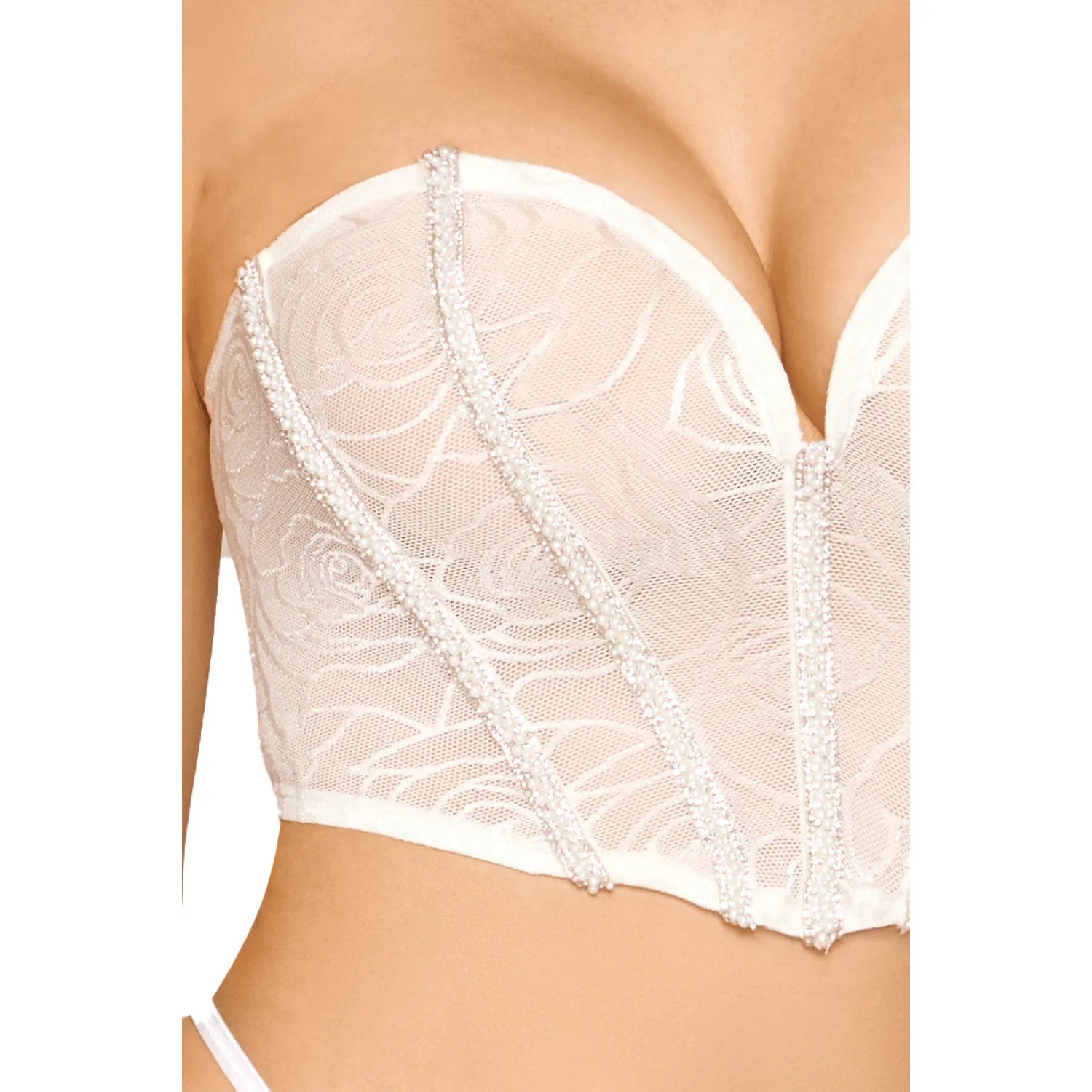 Bustier blanc dentelle avec strass et perles, armatures pour maintien, bretelles amovibles, string assorti inclus.