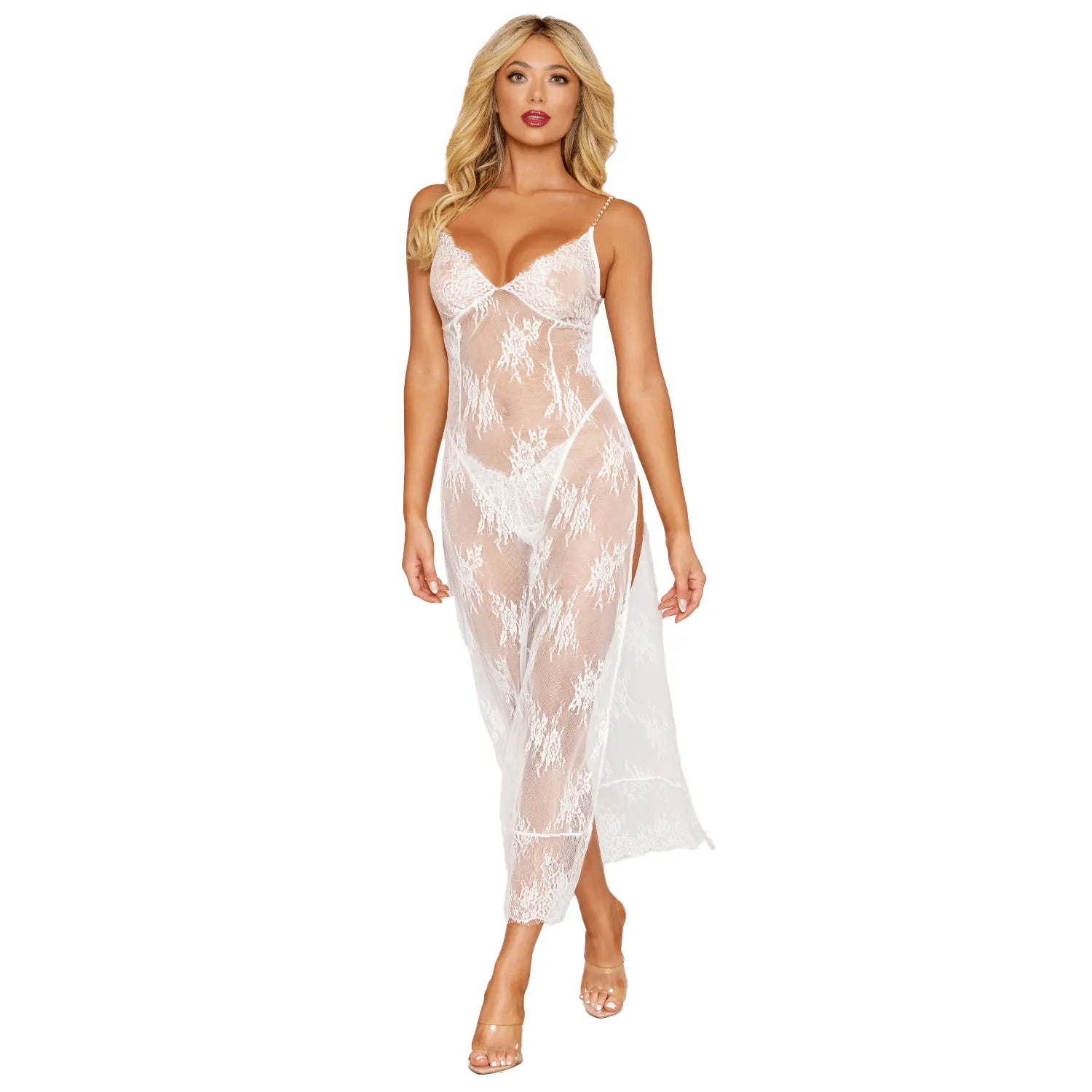 nuisette longue blanche dentelle florale bretelles dorées perles raffinées nylon doux confortable sexy romantique élégant sophistiqué tanga assorti