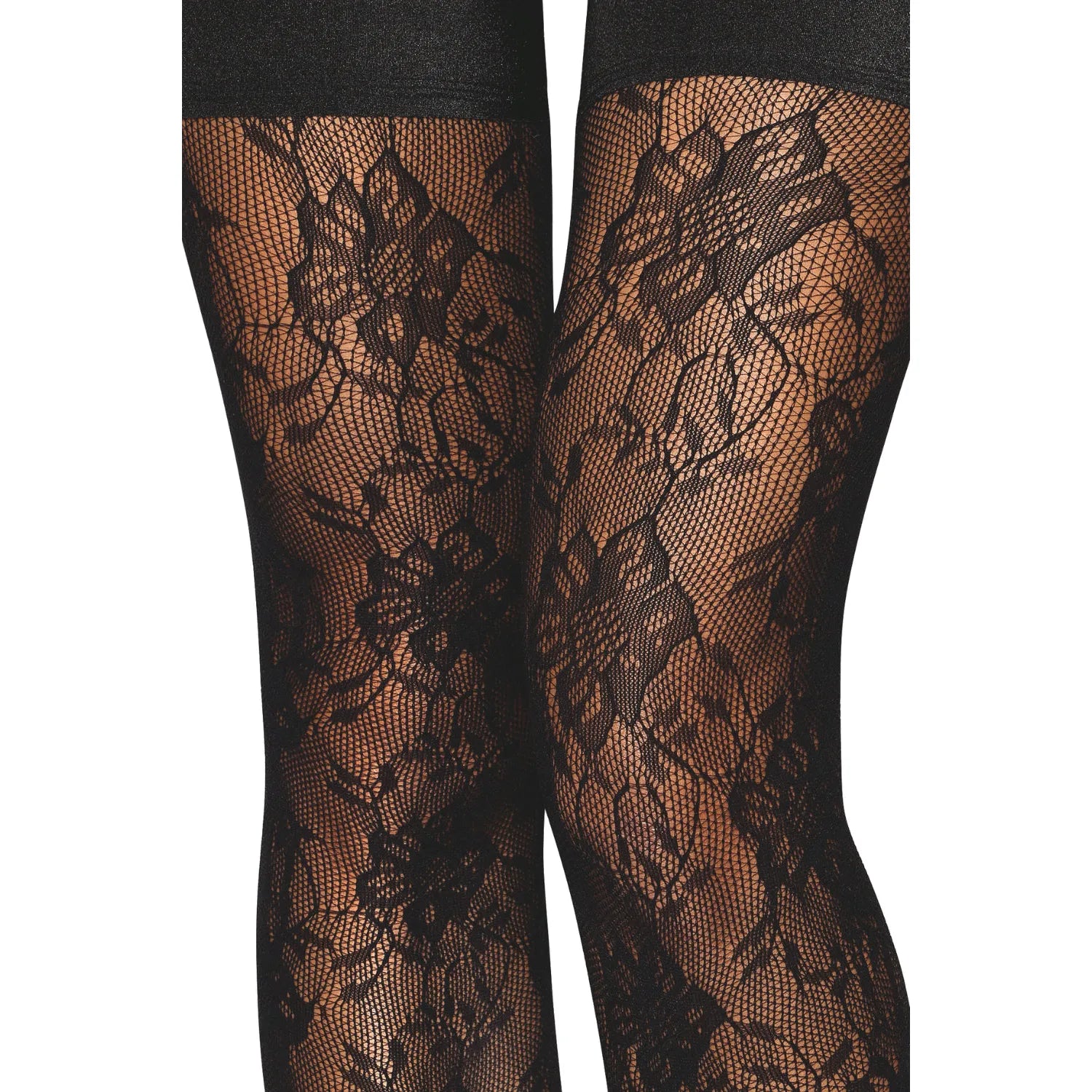 Bas autofixants noirs fantaisie avec jarretière élastique, motif floral, bande silicone, élégants et confortables.