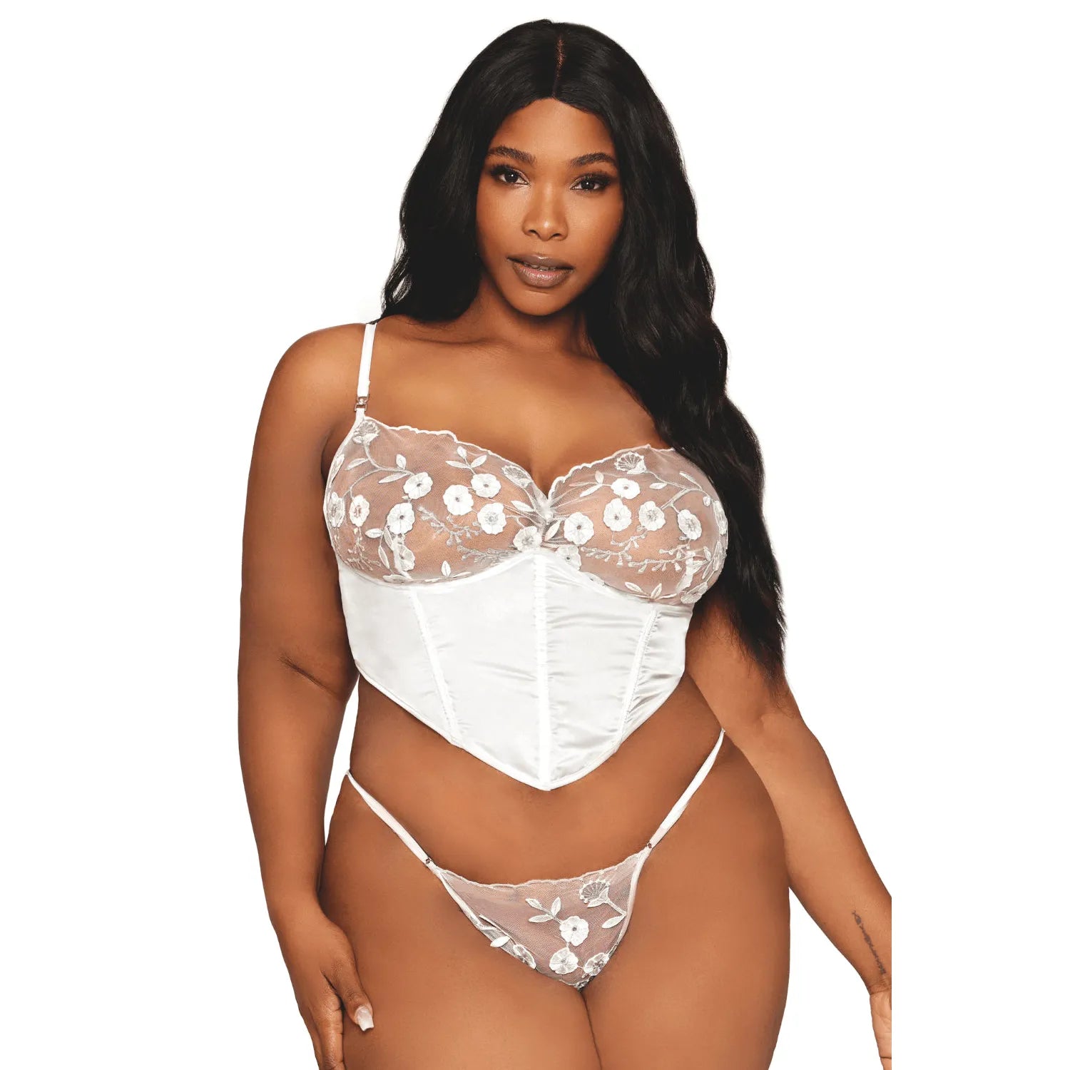 bustier blanc grande taille satin dentelle florale baleines armatures ventrales maintien optimal bretelles ajustables agrafes dos string assorti élégance