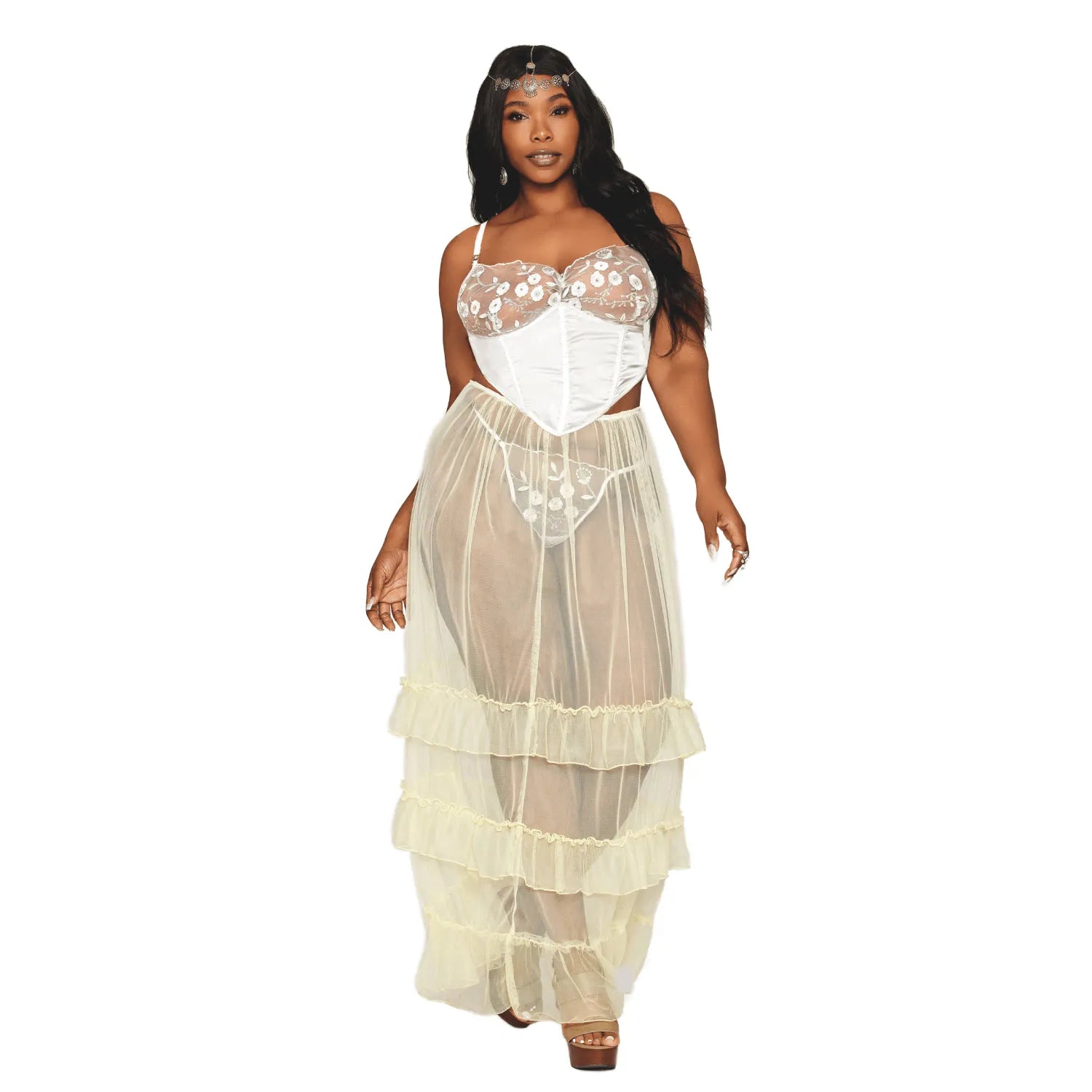 Bustier blanc satin dentelle florale grande taille, baleines, armatures, bretelles ajustables, agrafes dos, string assorti.