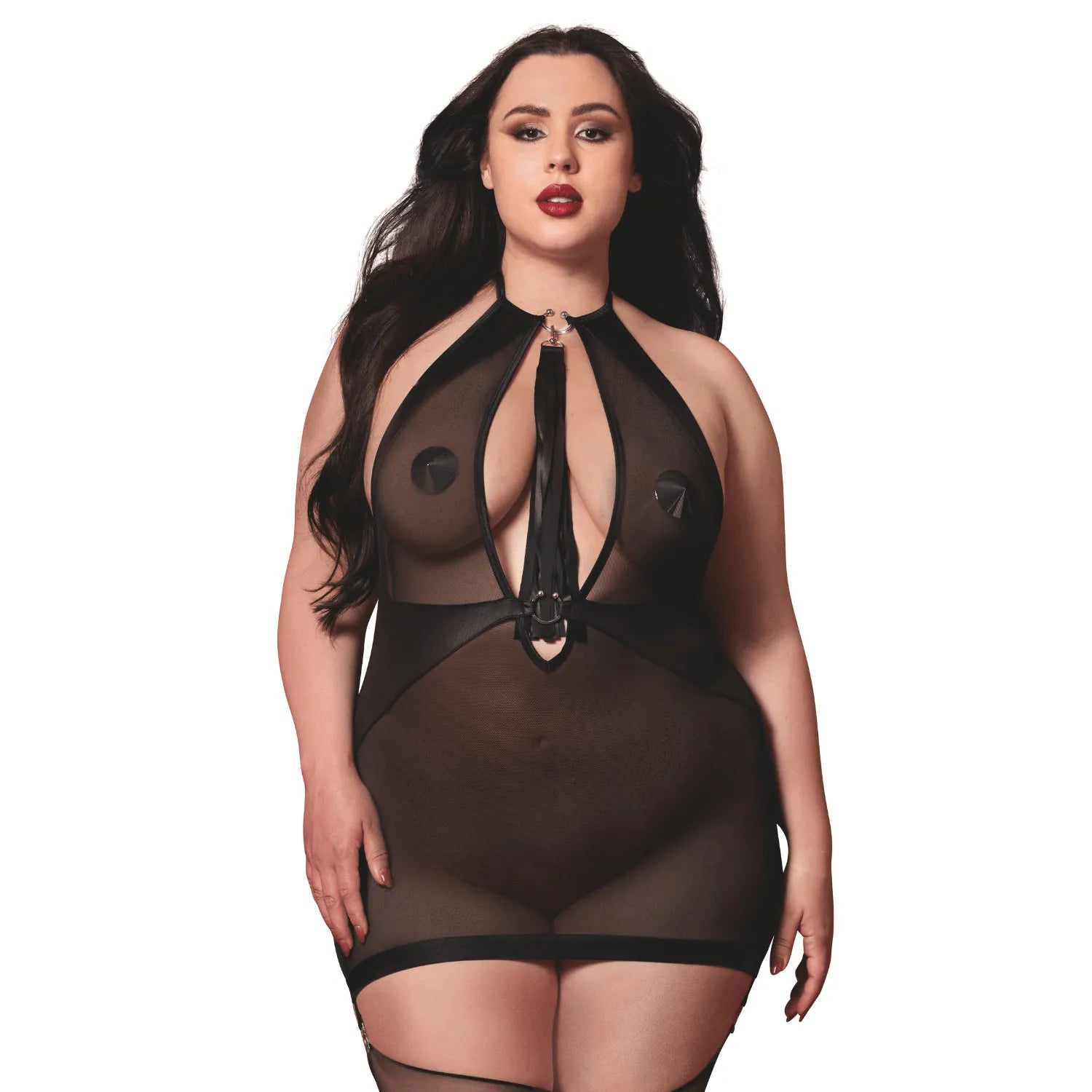 Nuisette grande taille noire transparente porte jarretelles intégrés fouet amovible attaches réglables nœuds dos cou polyester élasthanne sensuelle élégante