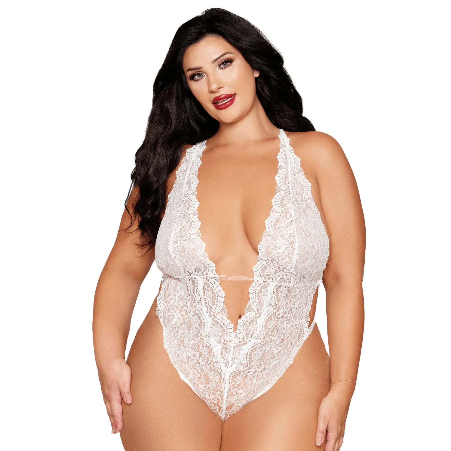 Ensemble grande taille blanc dentelle, bodystring avec perles cœur, bretelles ajustables, élégant et sensuel.