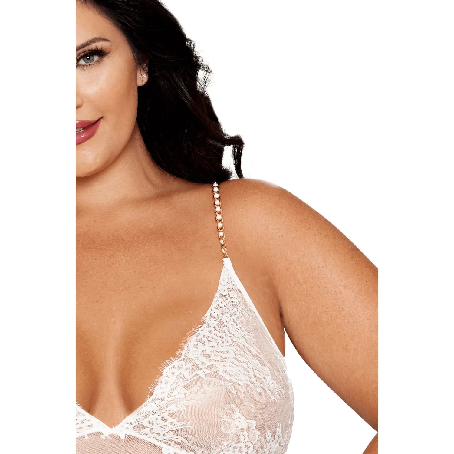 nuisette longue blanche grande taille dentelle florale bretelles dorées perles réglables string assorti confort doux nylon élégant raffiné sexy romantique