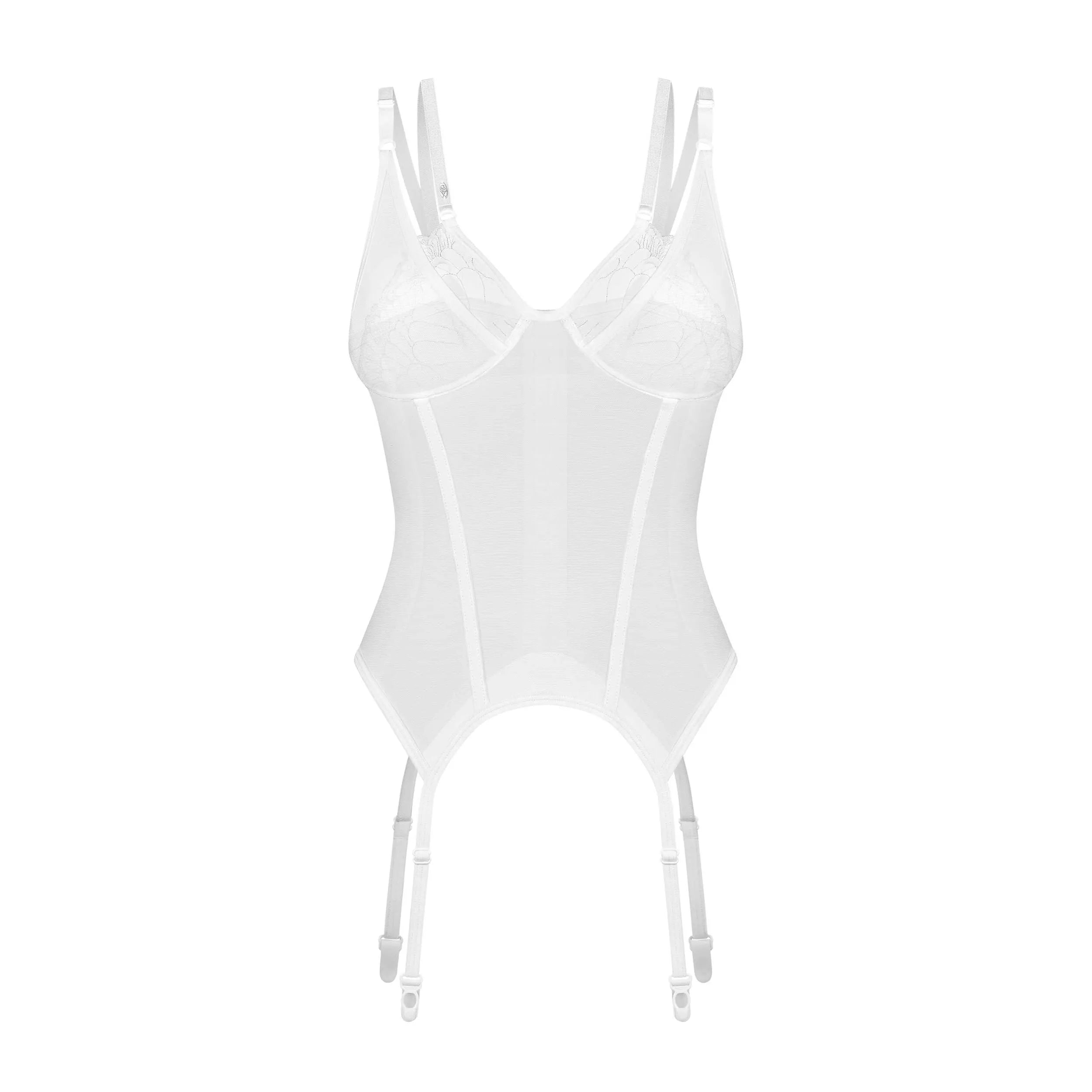 Corset blanc en dentelle transparente avec désossage vertical, bonnets à armatures, bretelles et jarretelles réglables.