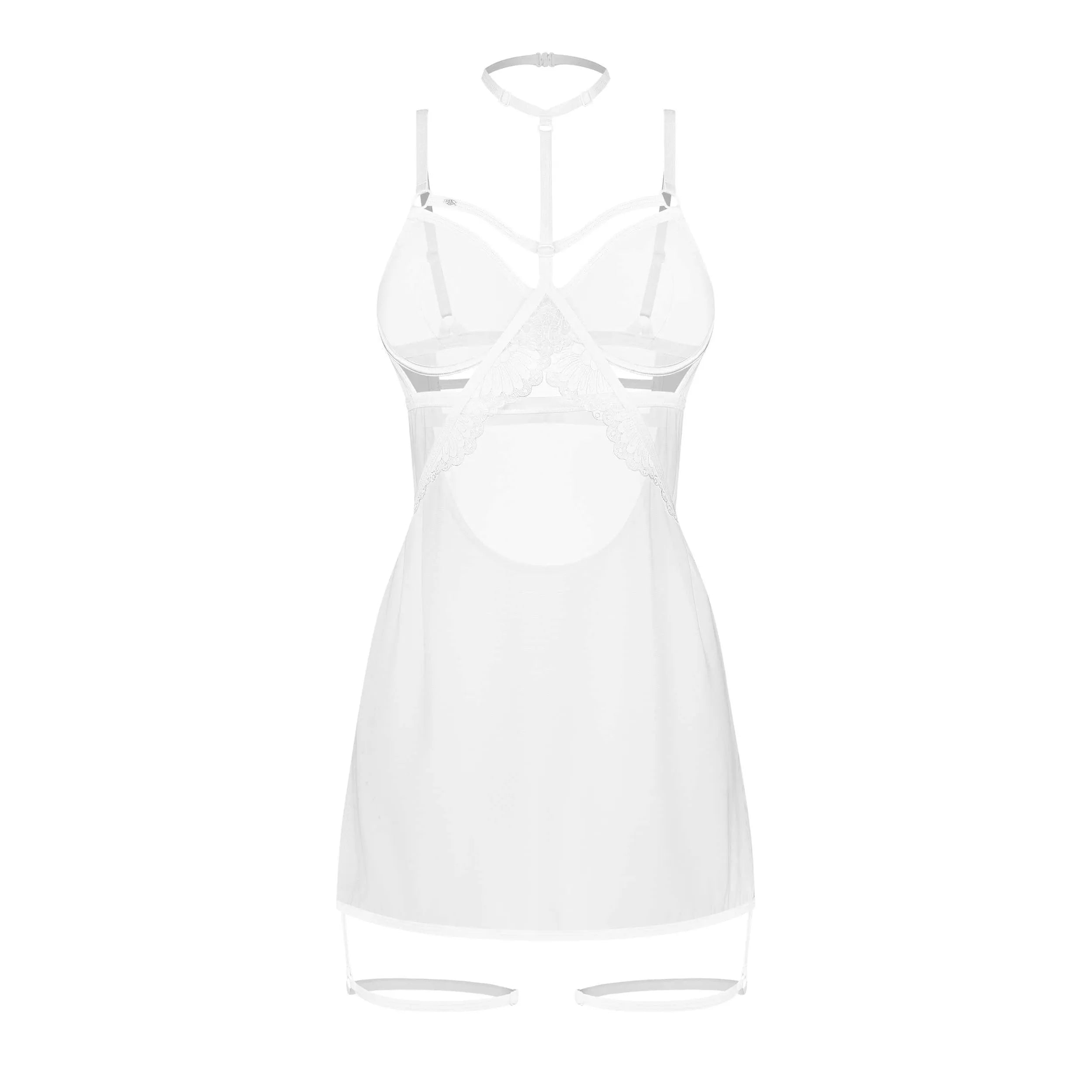 Nuisette blanche dentelle transparente avec choker et jarretières, design ajustable et élégant, style séduisant.