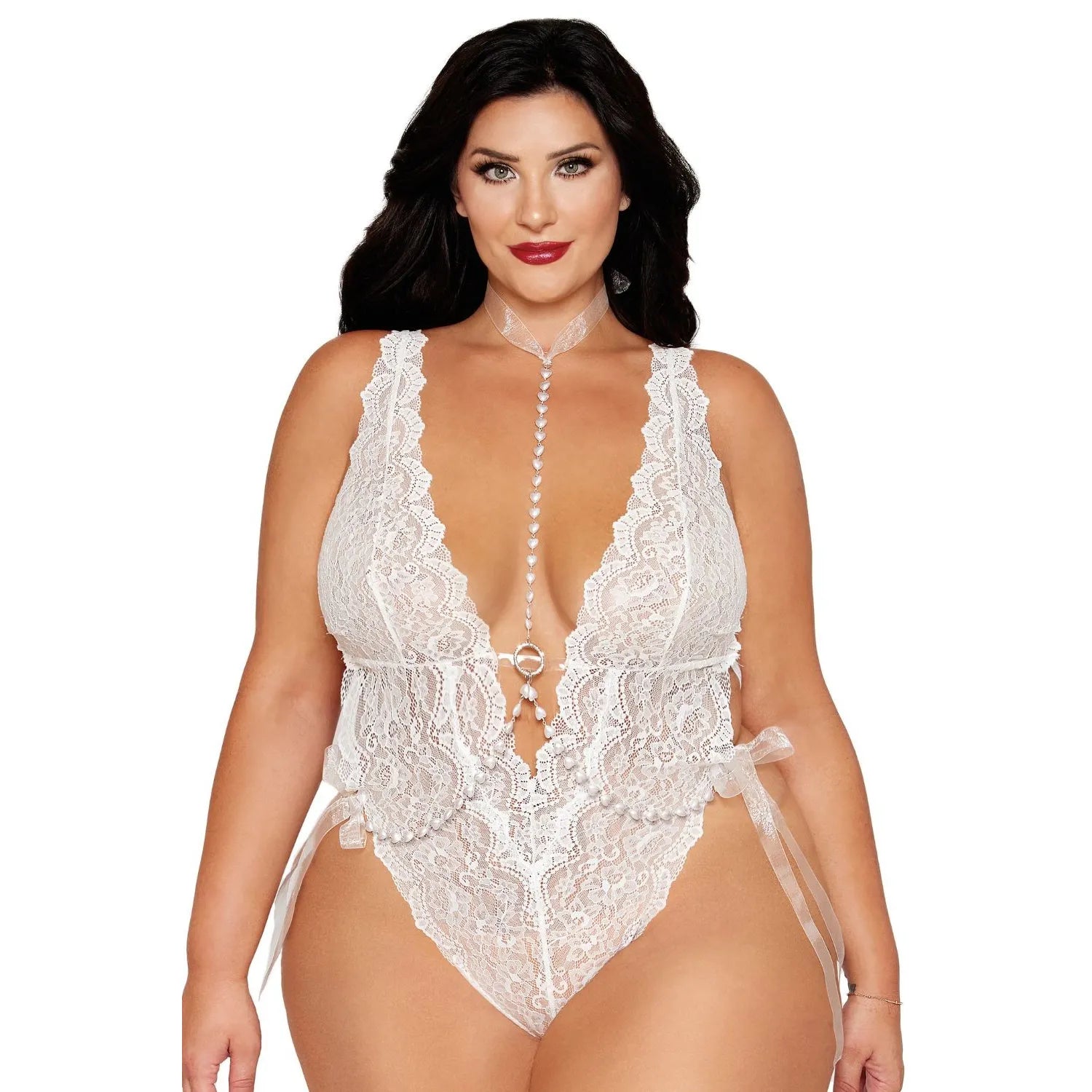 Ensemble grande taille bodystring dentelle blanche chainette perles coeur bretelles ajustables nylon spandex sensuel élégant romantique