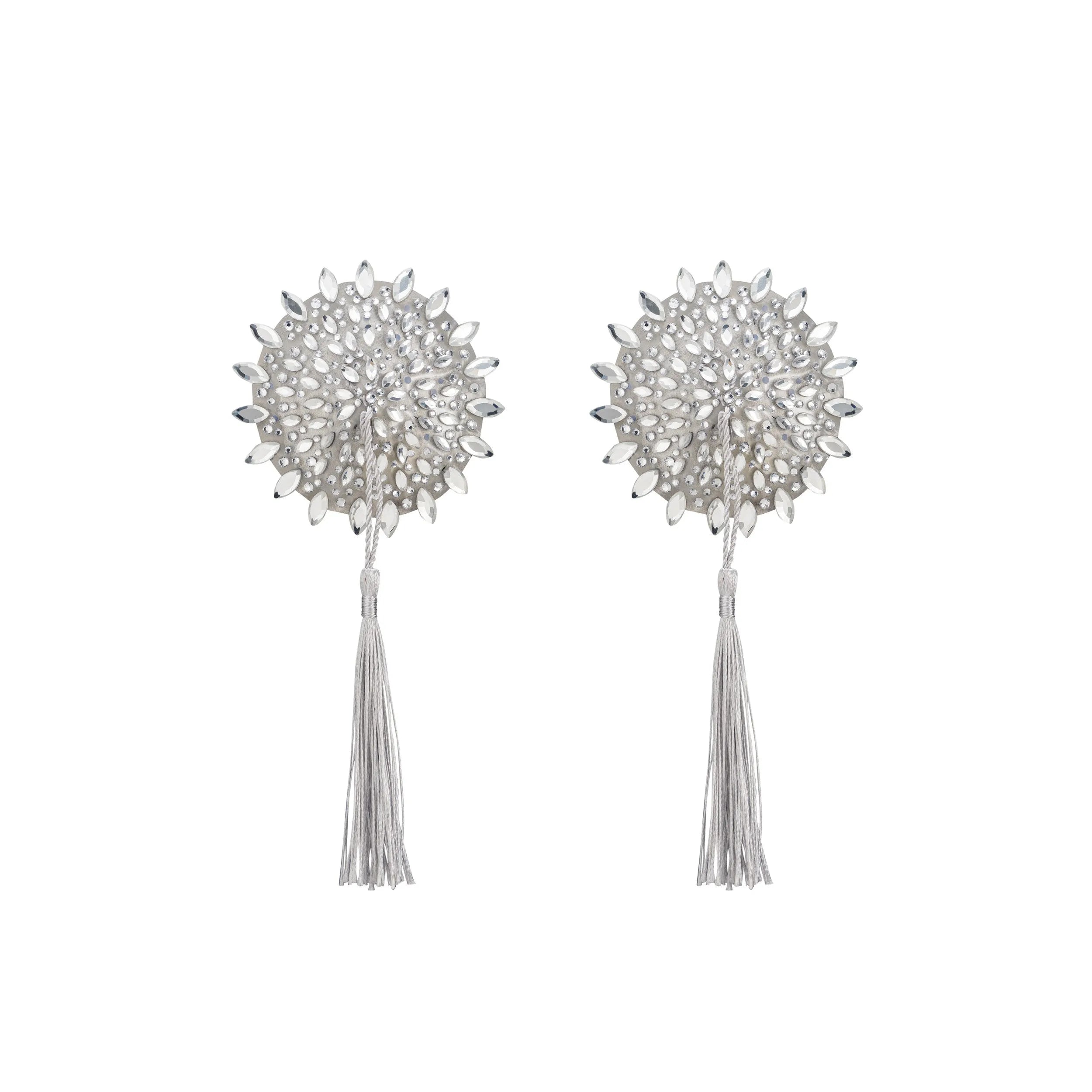 Mistiqua couvre tétons blancs sexy cristaux scintillants pompons autoadhésifs réutilisables confortables élégants glamour sensuels durables lavables taille unique discrets polyvalents