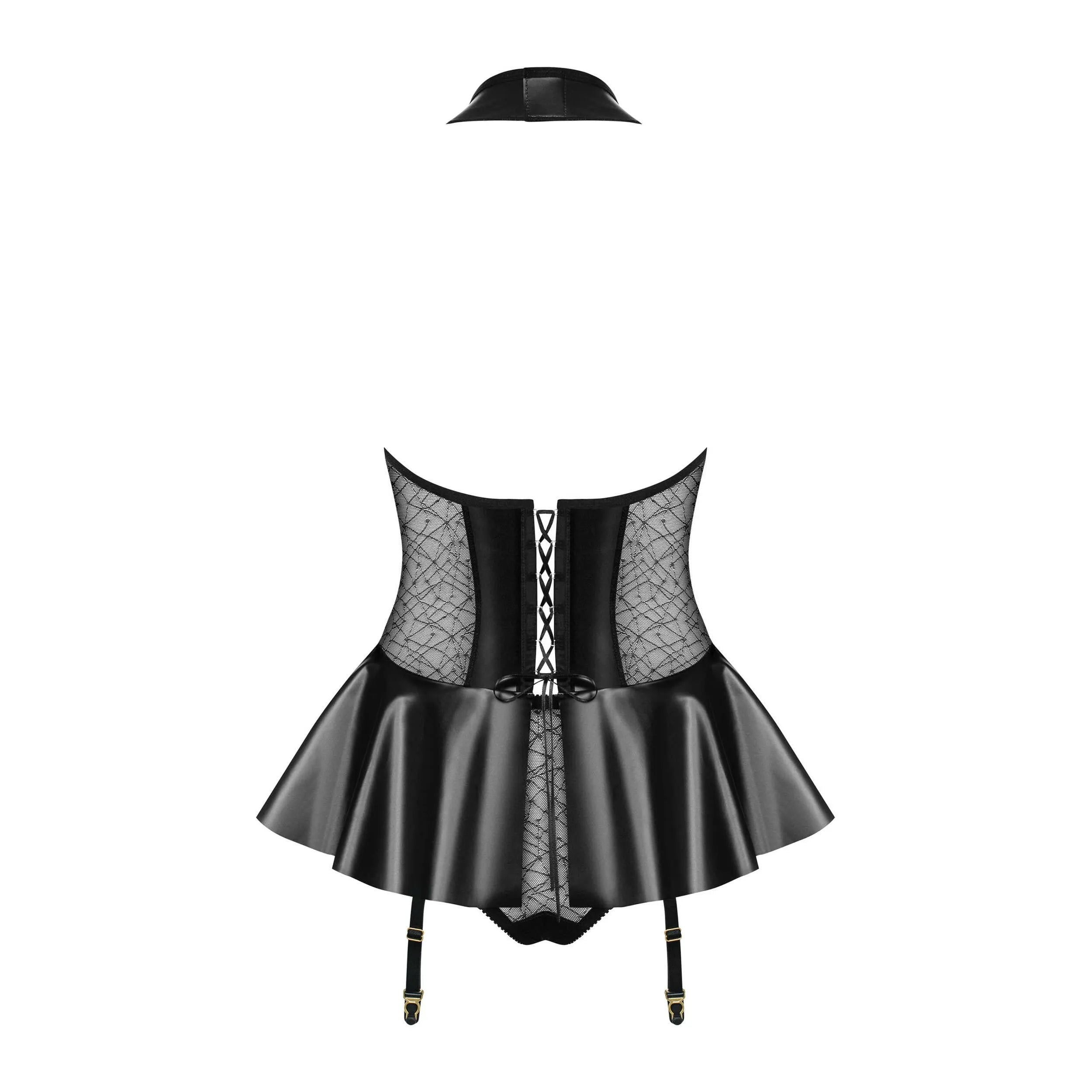 Guêpière noire transparente, motifs similicuir, laçage dos, jarretelles ajustables, fermeture zippée, culotte incluse.