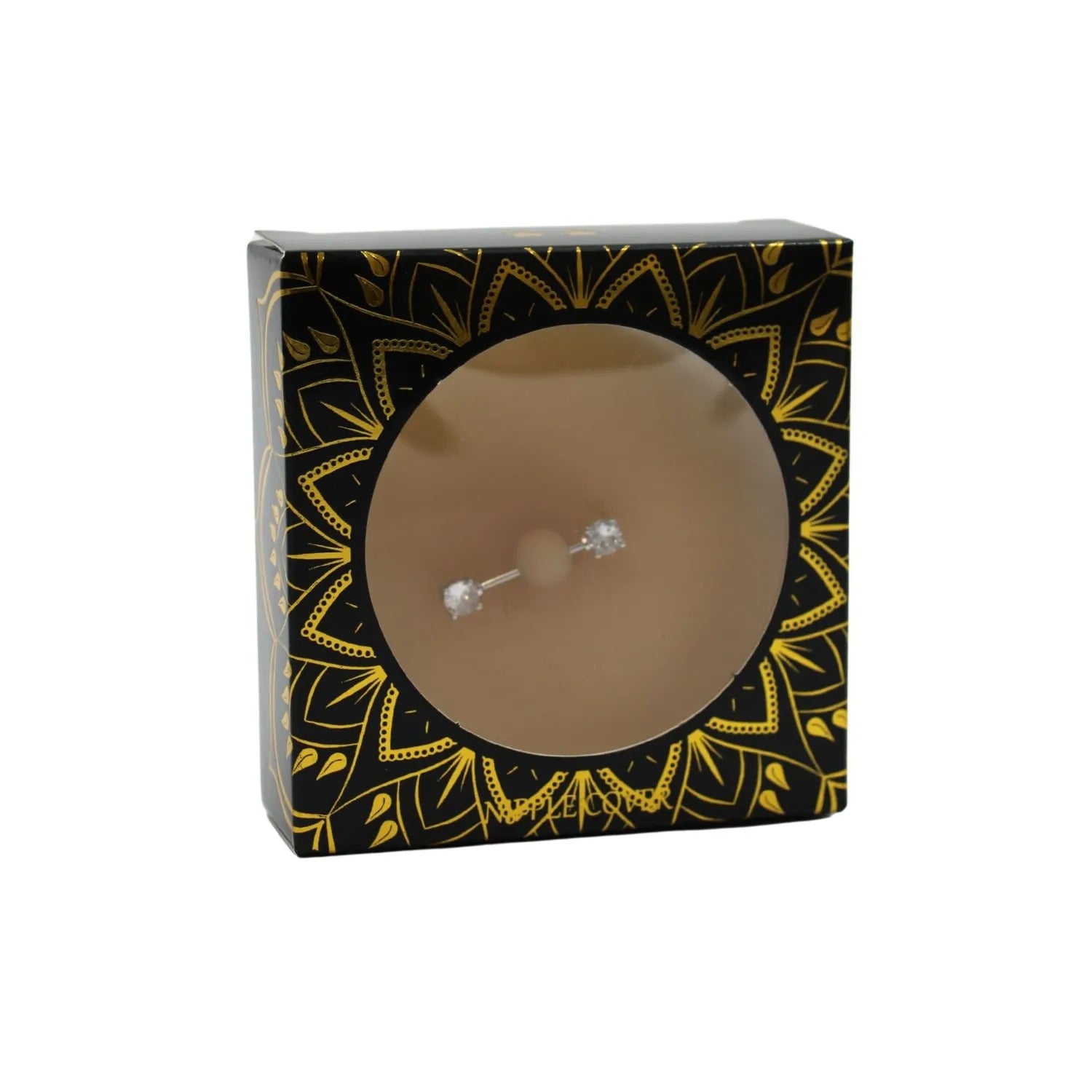 Cache-tétons silicone peau claire avec faux diamant, forme ronde, dans un emballage élégant noir et doré.