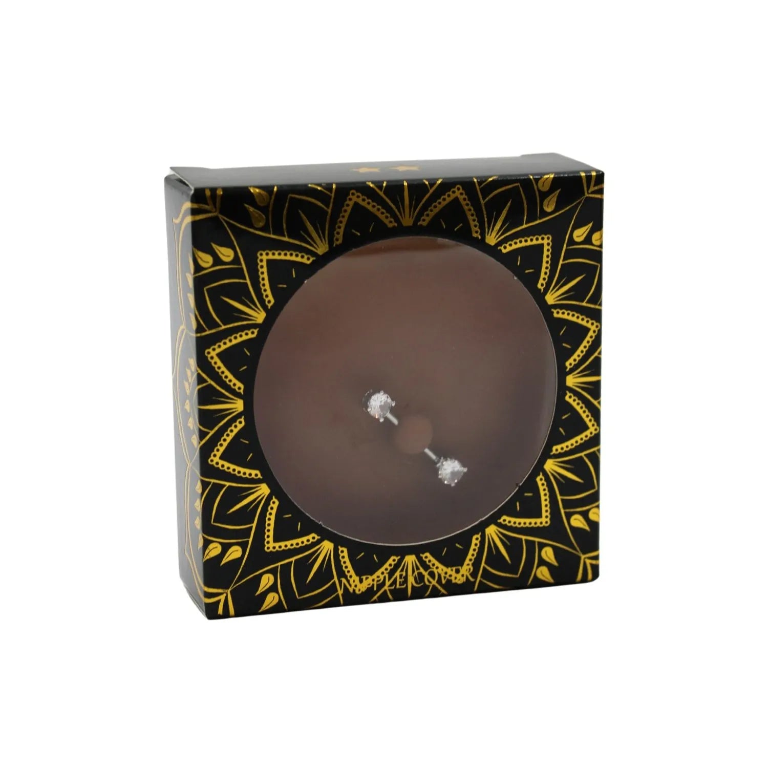 Cache-tétons silicone noir avec piercing faux diamants, design élégant, boîte noire et dorée, pour peaux foncées.